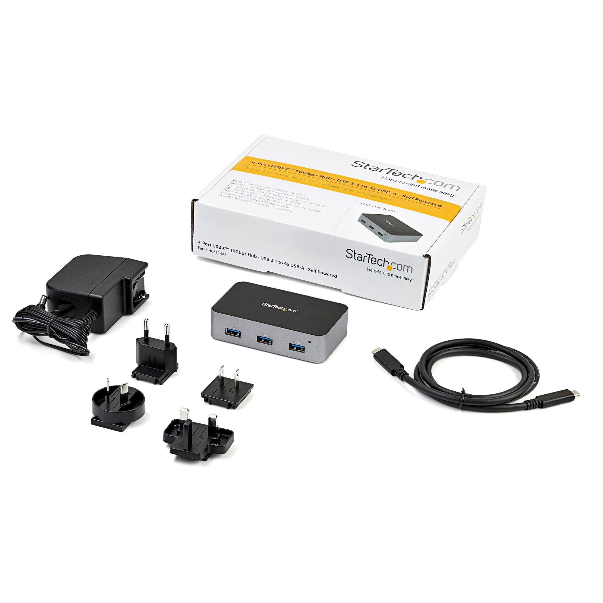 4 Port USB C Hub with Power Adapter - USB 3.2 Gen 2 (10Gbps) - USB Type C to 4x USB-A - Self Powered Desktop USB Hub with Fast Charging Port (BC 1.2) - Desk Mountable - TAA