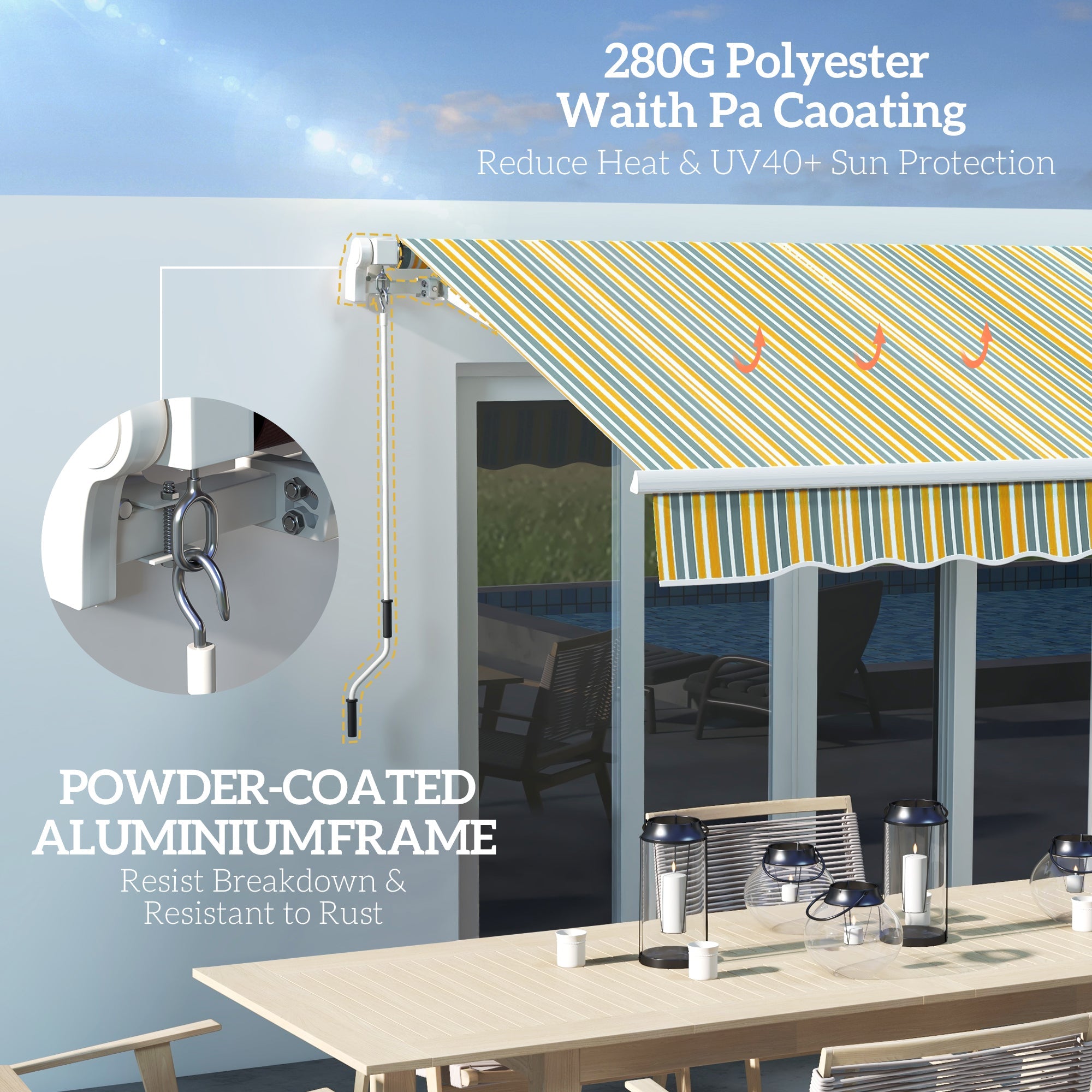 Outsunny Retractable Awning 10'x6.5' with LED, Aluminum Patio Sun Shade, Manual Canopy - Yellow/Grey