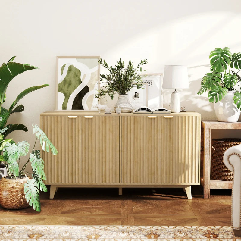 Fluted Sideboard Buffet Cabinet, 55" Coffee Bar Cabinet with 4 Doors, 2 Adjustable Shelves, 5 Wood Legs, Nature Wood