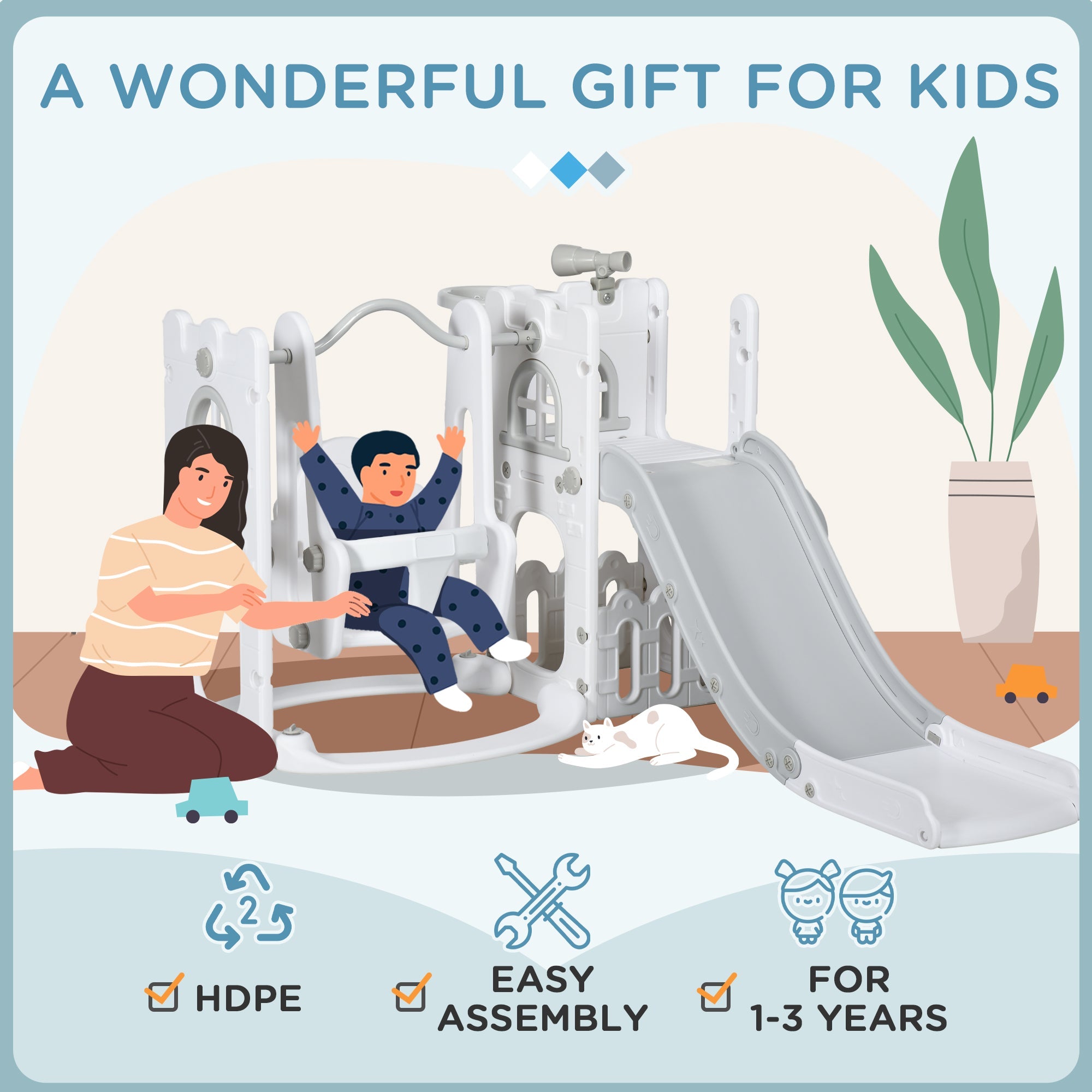 Qaba 6-in-1 Slide and Swing Set Baby Swing Playset Indoor with Basketball Hoop, Climber, Storage Space, Telescope, Grey