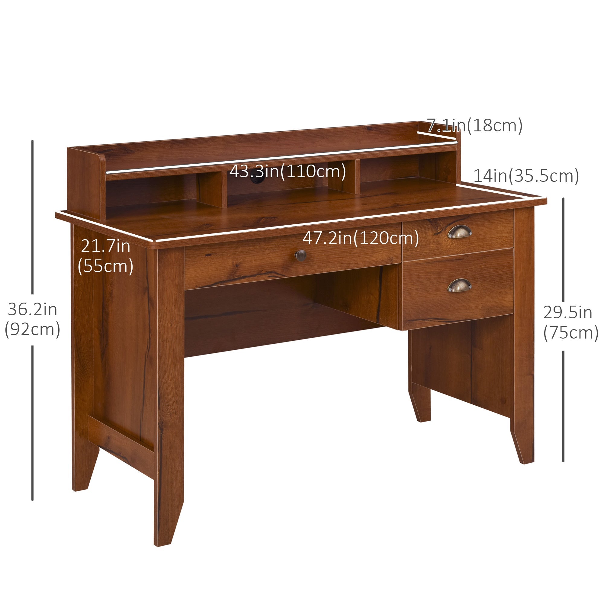 HOMCOM Home Office Desk with Hutch Storage Brown Writing Table with Drawers Shelf & Cable Management for Study Workstation