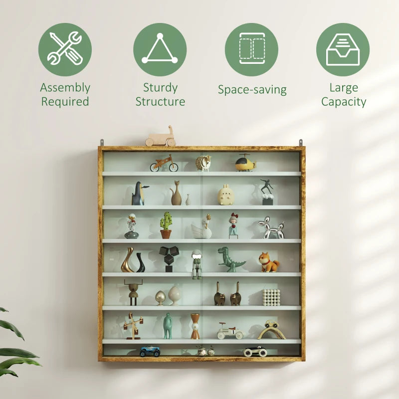 7-Tier Display Cabinet, Shot Glass Display Case, Glass Curio Cabinet with 2 Glass Doors and 6 Adjustable Shelves, Rustic Brown
