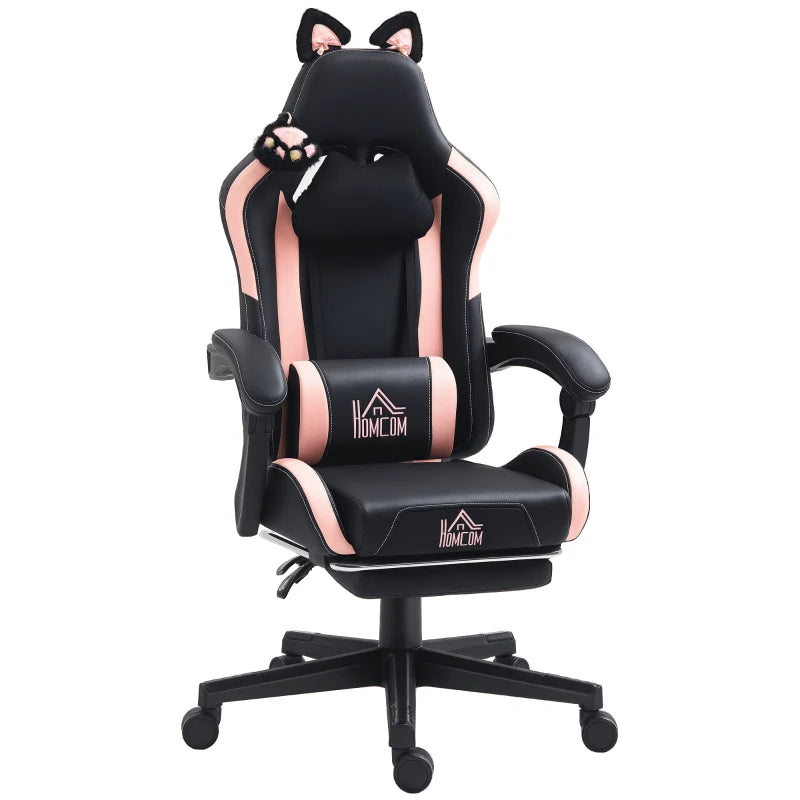 Cute Racing Gamer Chair, Faux Leather Gaming Chair with Footrest, Headrest and Lumbar Support, Black