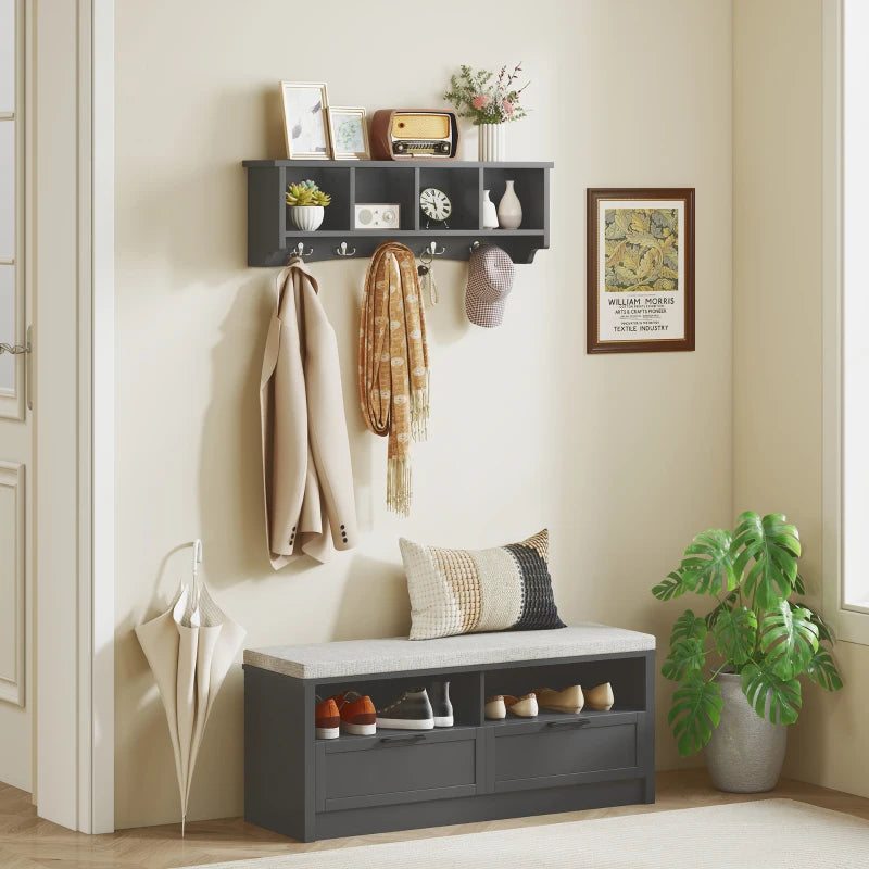 Coat Rack Wall Mount with Shelf, 28" Wall Coat Rack with 5 Hooks and 4 Compartments for Living Room, Entryway, Black