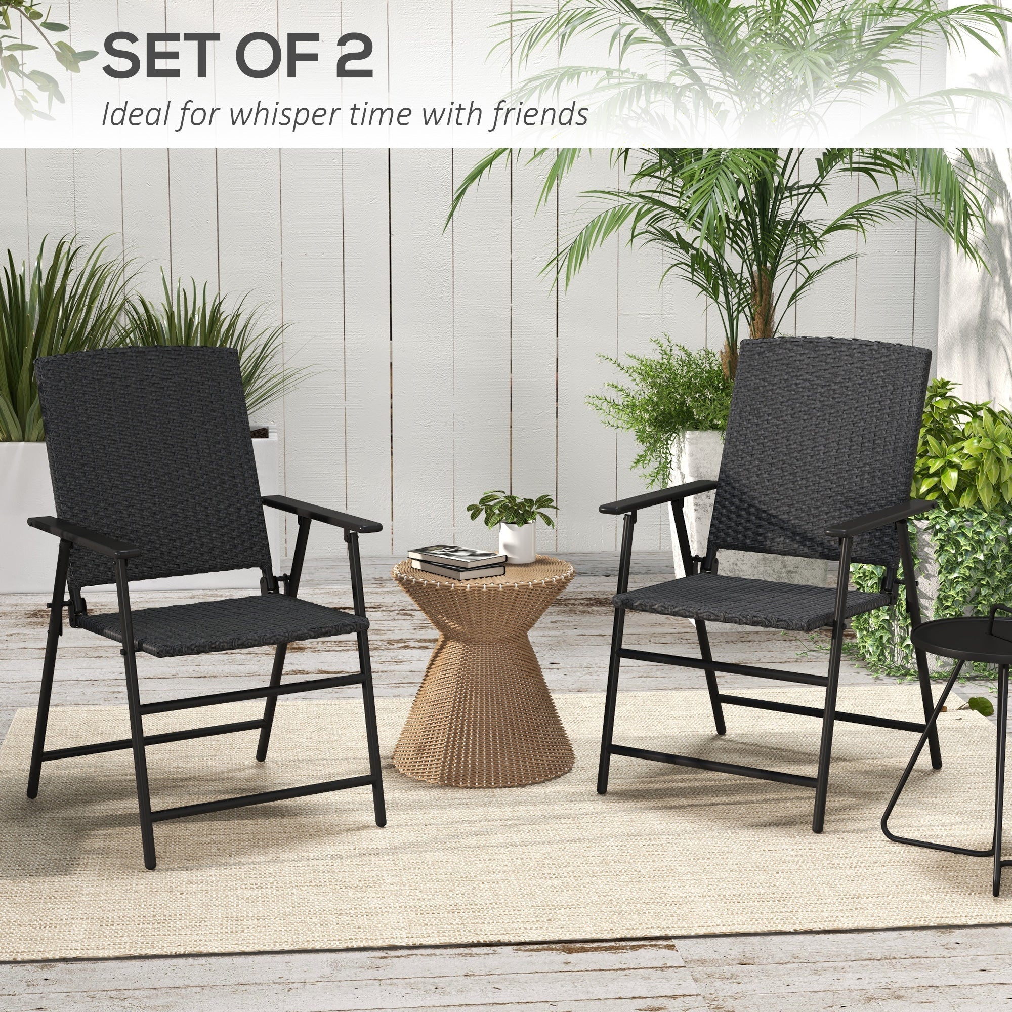Outsunny 2PC Outdoor Wicker Dining Chairs Steel Frame Patio Furniture Black