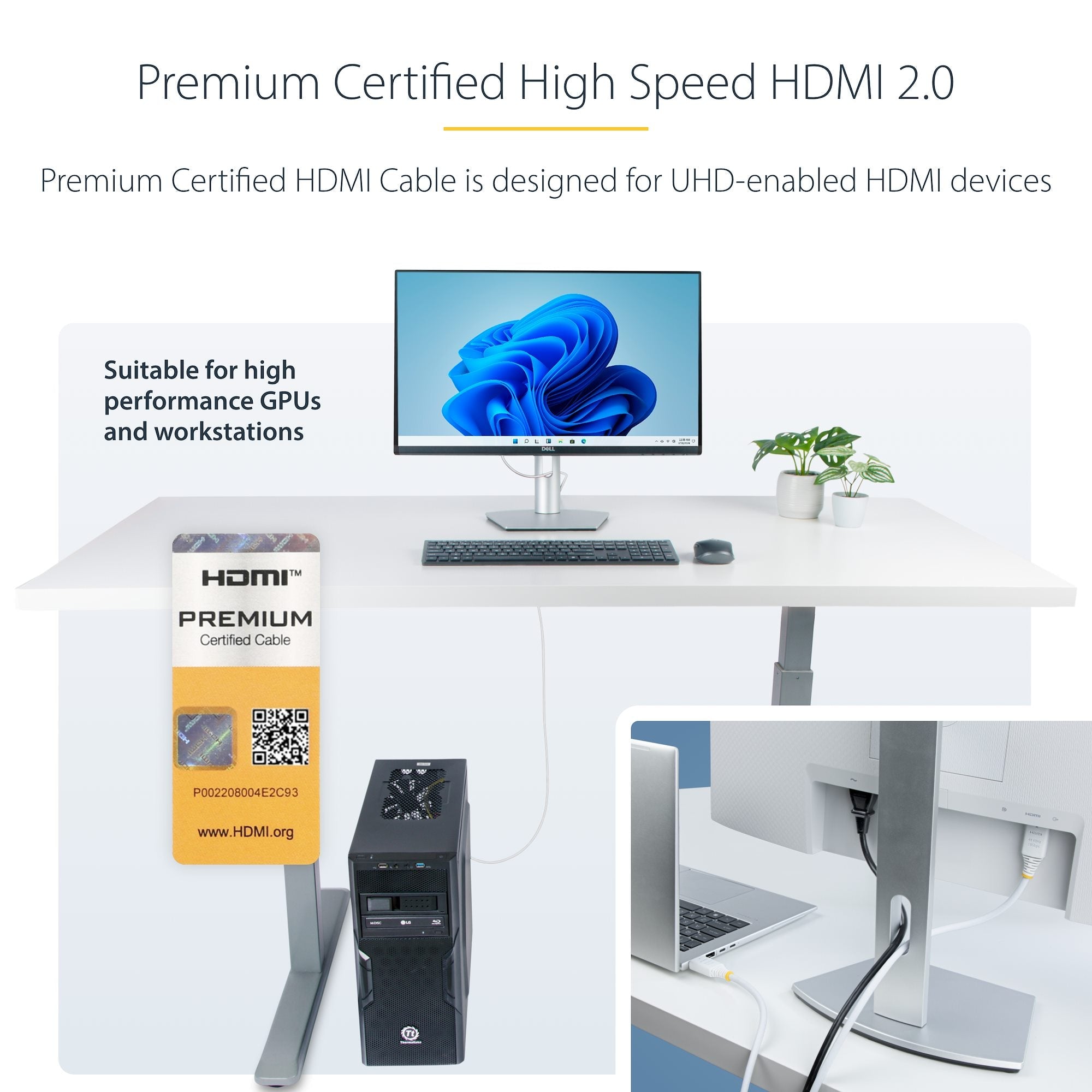 Premium Certified High Speed HDMI Cable, 4K 60Hz/1440p 144Hz, HDR10/HDCP 2.2/ARC, 18Gbps, UHD HDMI 2.0 Cord for TV/Monitor/Display, TPE Jacket, White