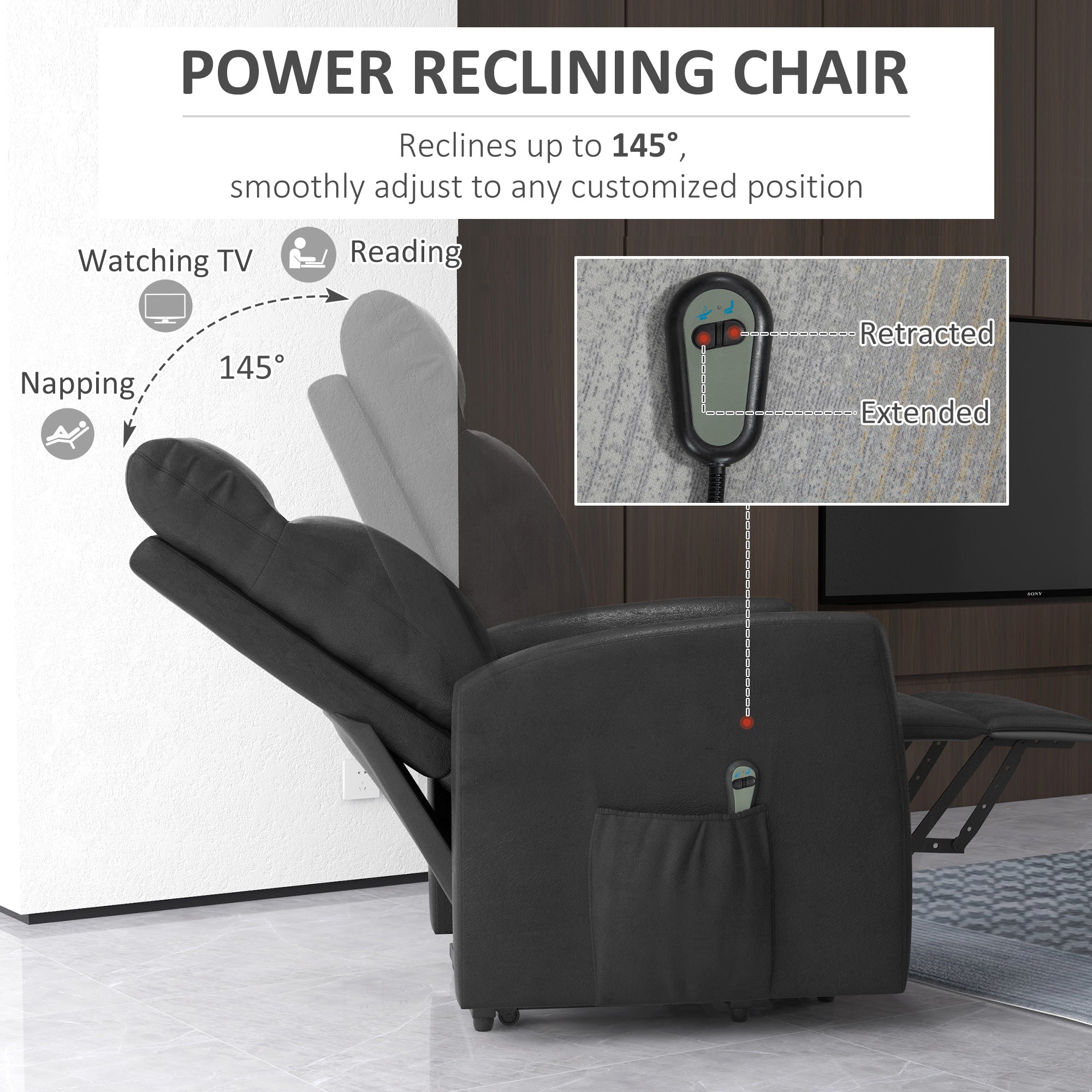 HOMCOM Power Lift Recliner Chair with Remote Control Side Pocket for Living Room Home Office Study Grey