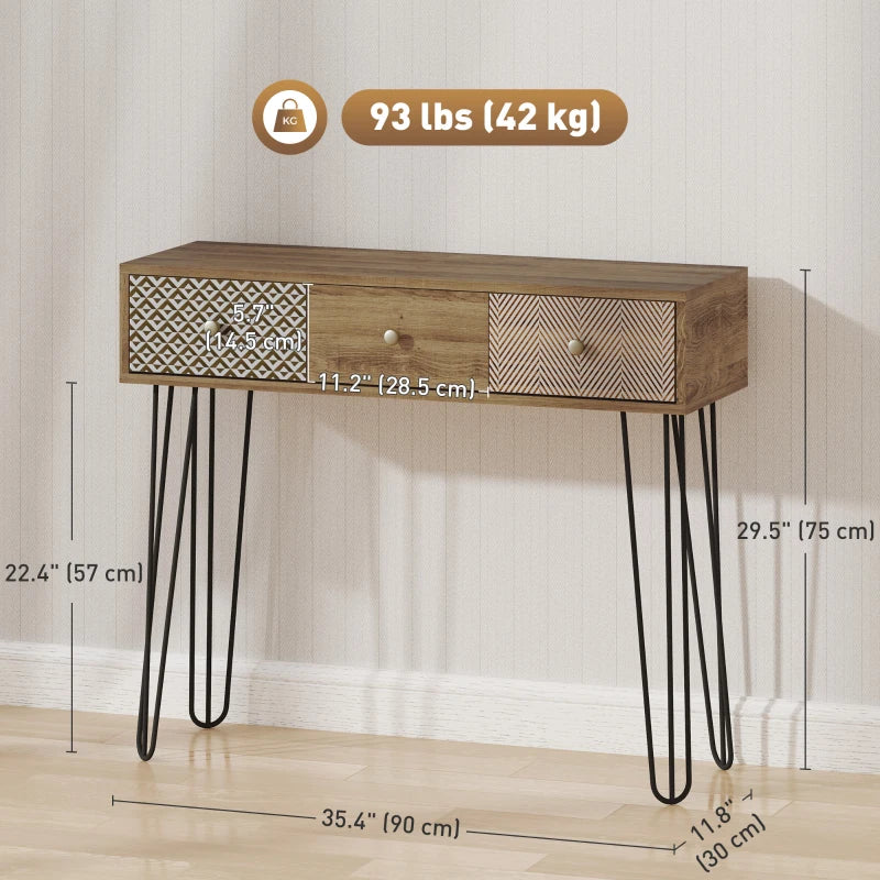 Narrow Console Table with Drawers, 35" Entryway Table with Hairpin Legs for Hallway, Foyer, Living Room, Brown