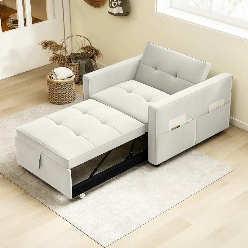 Convertible Chair Bed, Pull Out Sleeper Chair with USB, Adjustable Backrest, Small Velvet Futon Sofa Bed, Cream White