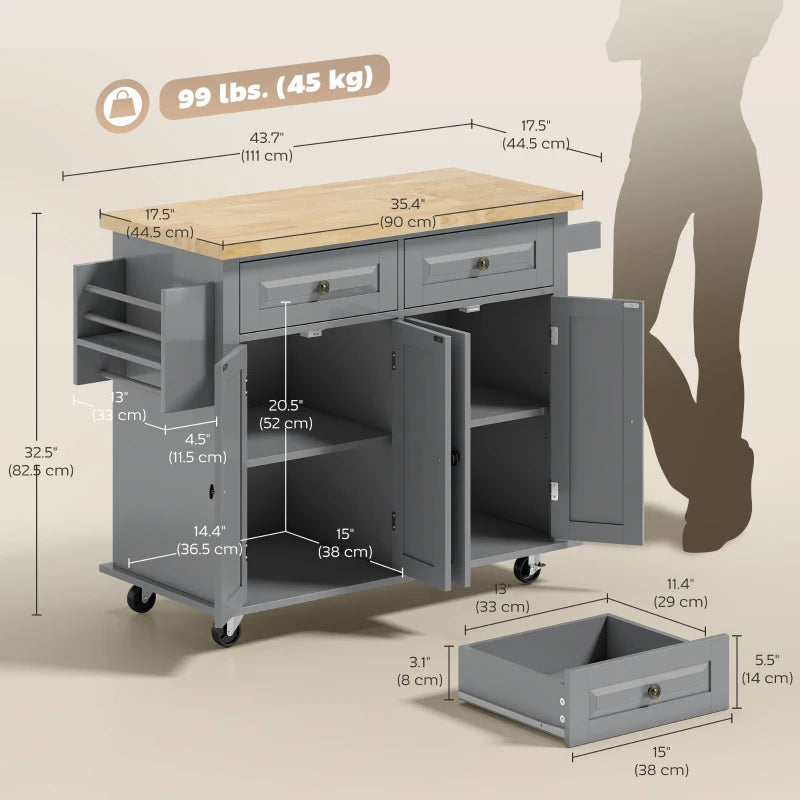 Kitchen Island with Storage, Rolling Trolley Cart with Rubber Wood Top, Spice Rack, Towel Rack, 2 Locking Brakes,Grey
