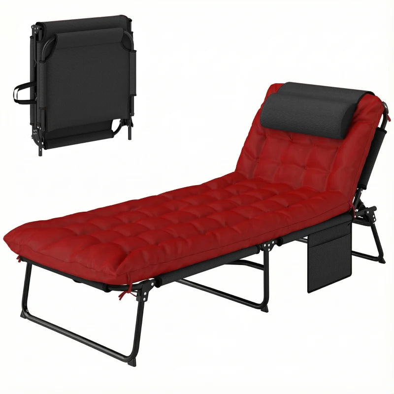 Folding Lounge Chair with 4-level Reclining Back & Cushion, Wine Red