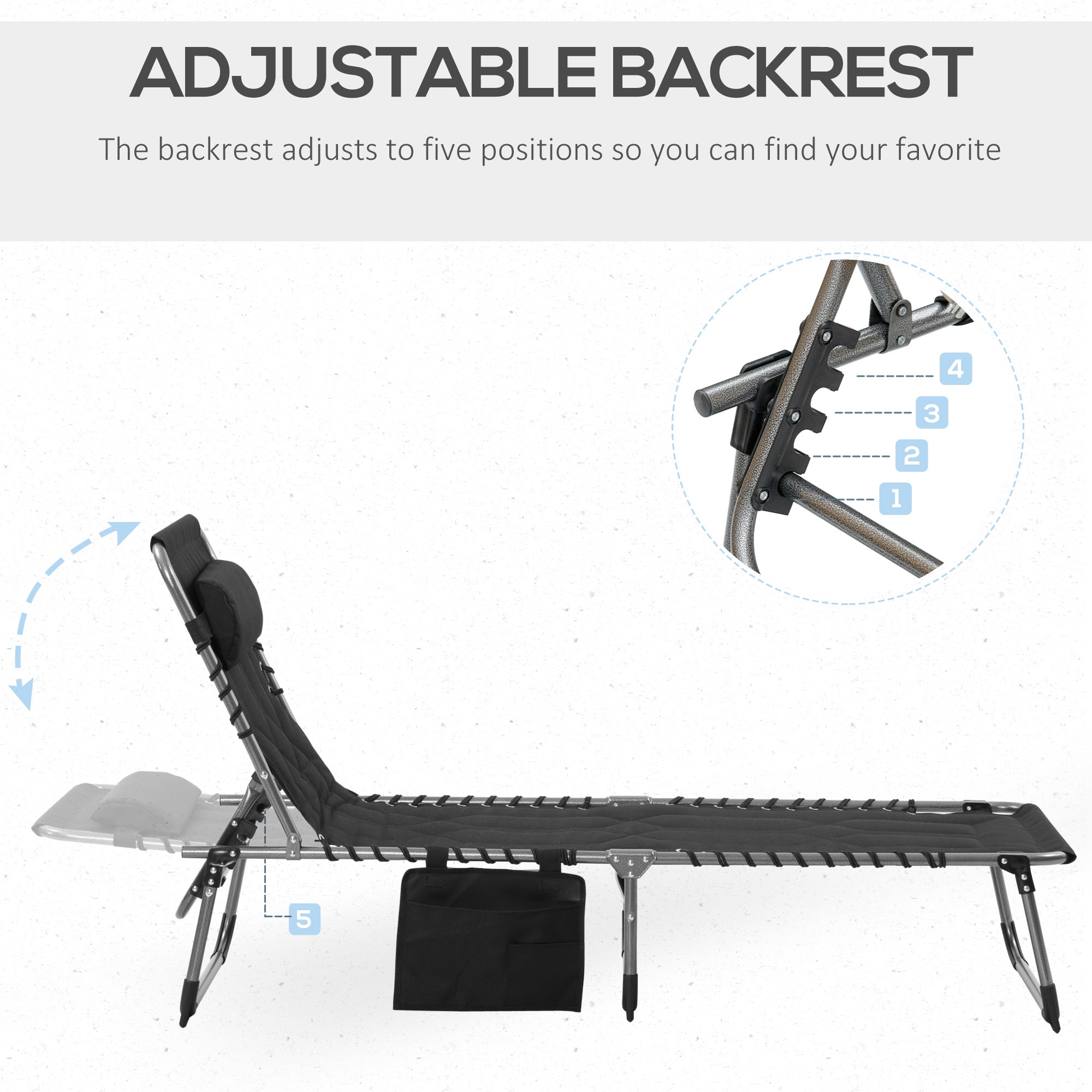 Outsunny Patio Folding Chaise Lounge Chair Outdoor Padded Tanning Recliner 5-Position Adjustable Black