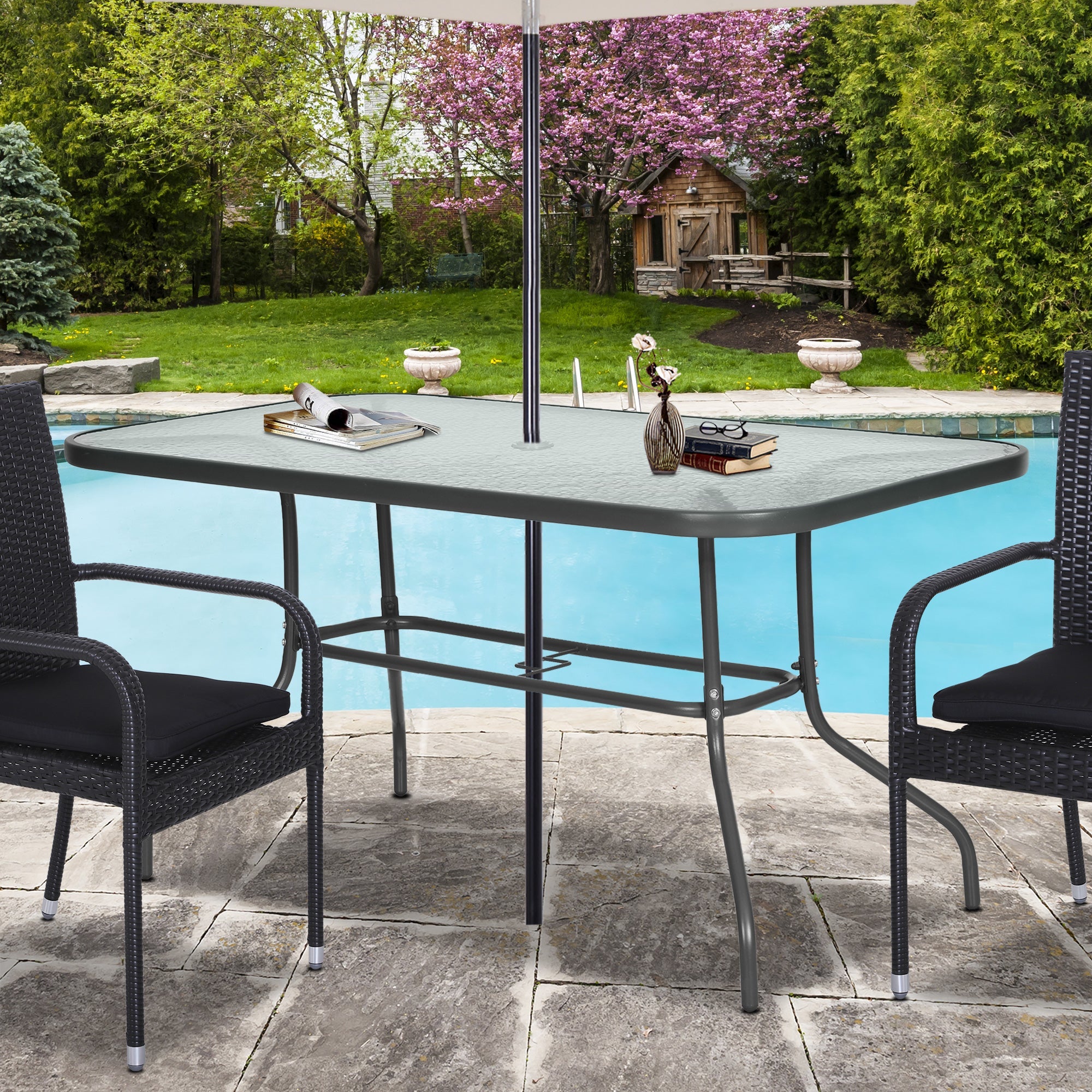 Outsunny Metal Garden Dining Tables Outdoor Patio w/ Tempered Glass Top, Umbrella Hole, 55" x 31.5"