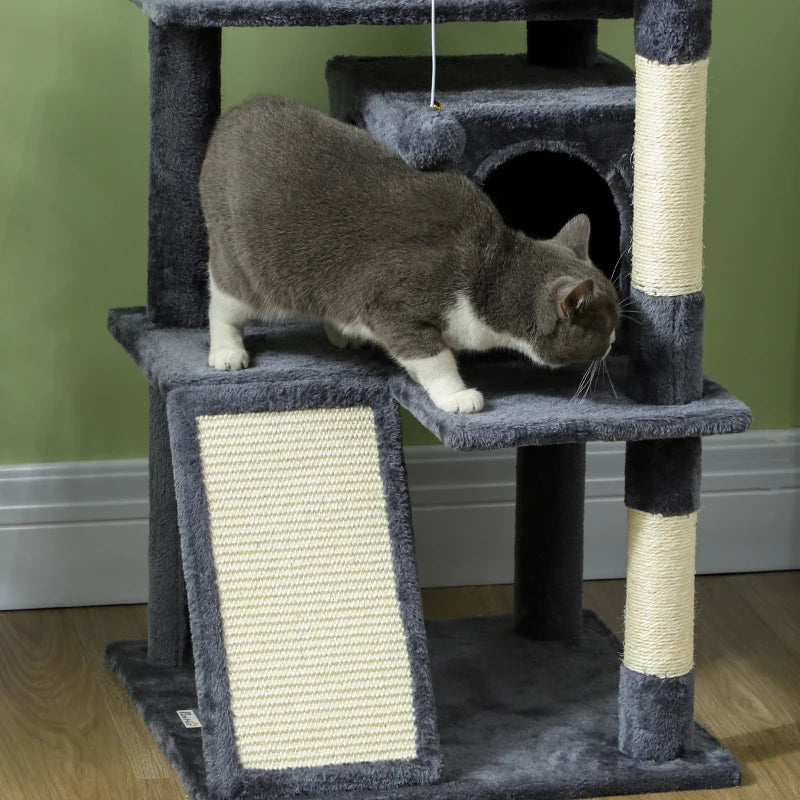54" Cat Tree, Multi-Level Cat Tower with Scratching Posts, Cat Condos, Bed, Platforms, Ramp, Toy Ball, Dark Grey