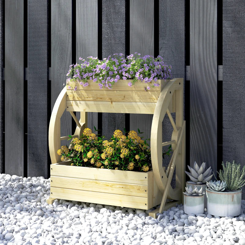 Wooden Wagon Planter Box, 2-Tier Raised Garden Bed, for Vegetables Flowers Herbs, Natural
