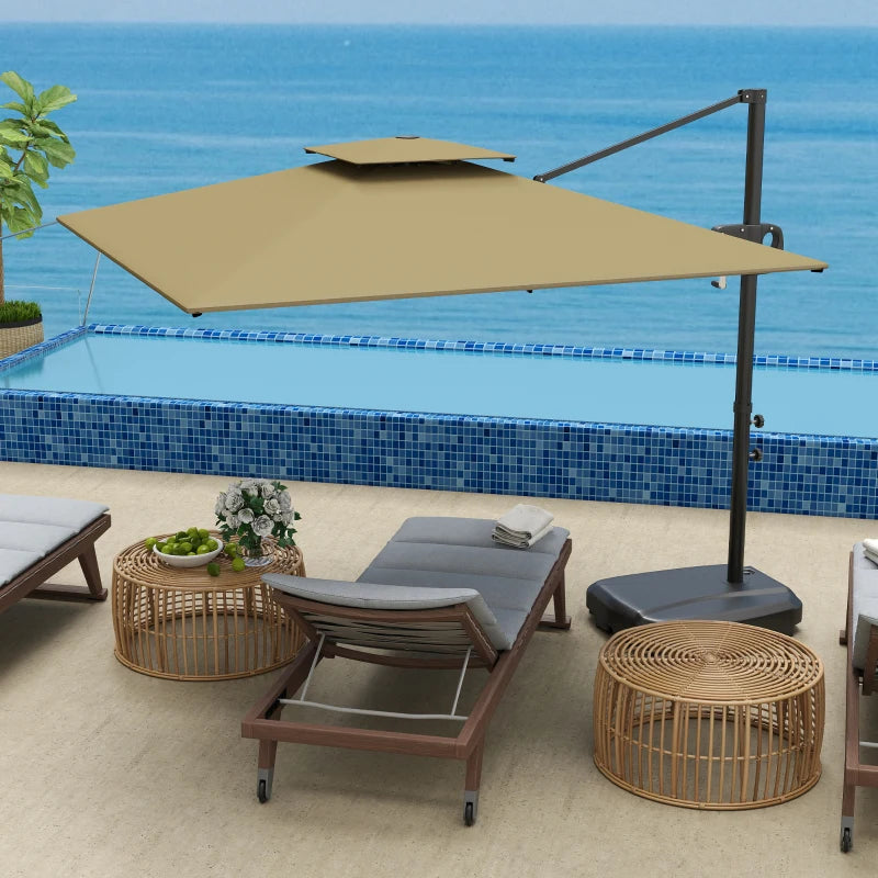 Square Cantilever Patio Umbrella, Double Top Patio Hanging Offset Umbrella with Crank & Tilt, 8' x 9', khaki