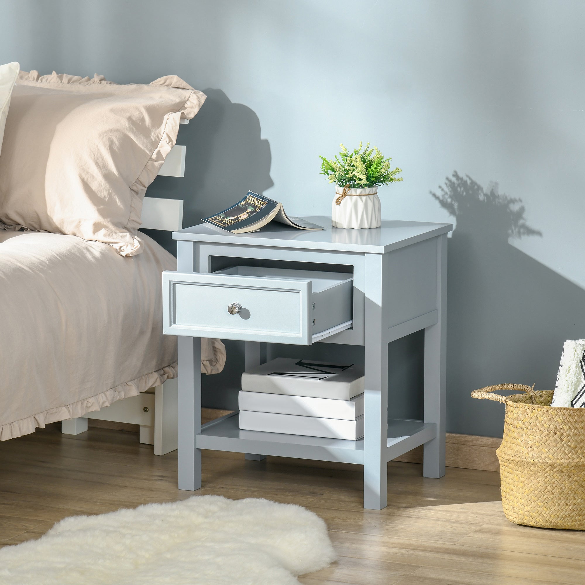 HOMCOM Chic Accent End Table Nightstand Side Table Drawer Storage Shelf Living Room Bedroom Furniture Grey