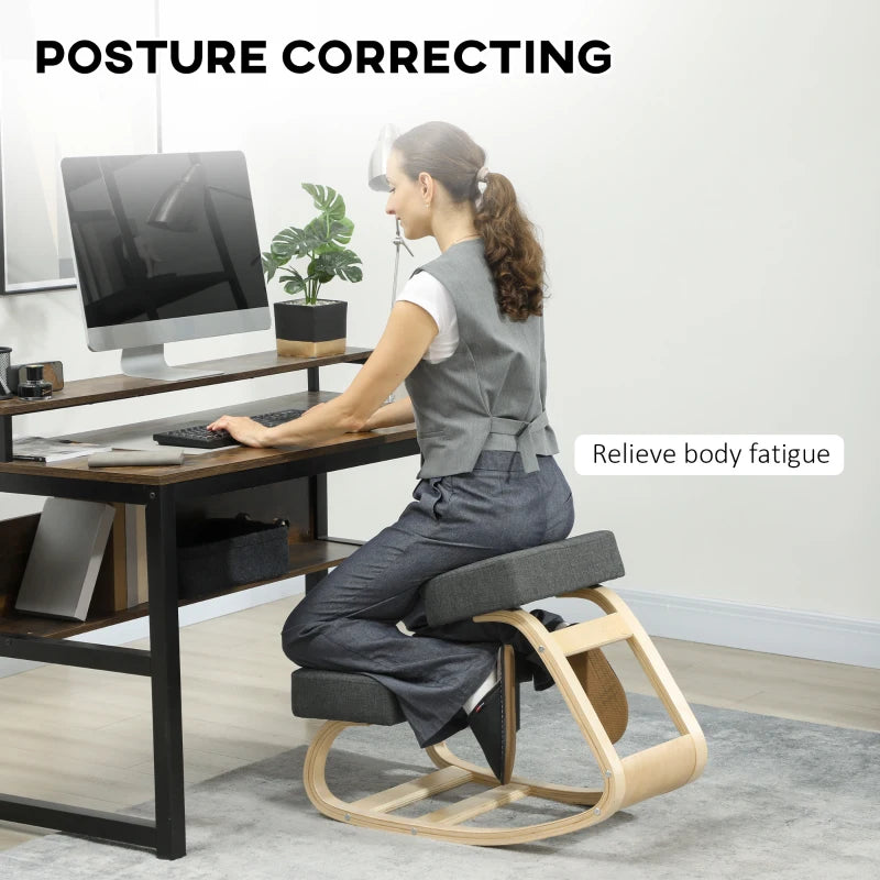 Ergonomic Kneeling Chair, Wood Kneel Stool with Thick Pads, Desk Knee Chair, Improve Posture, Dark Grey