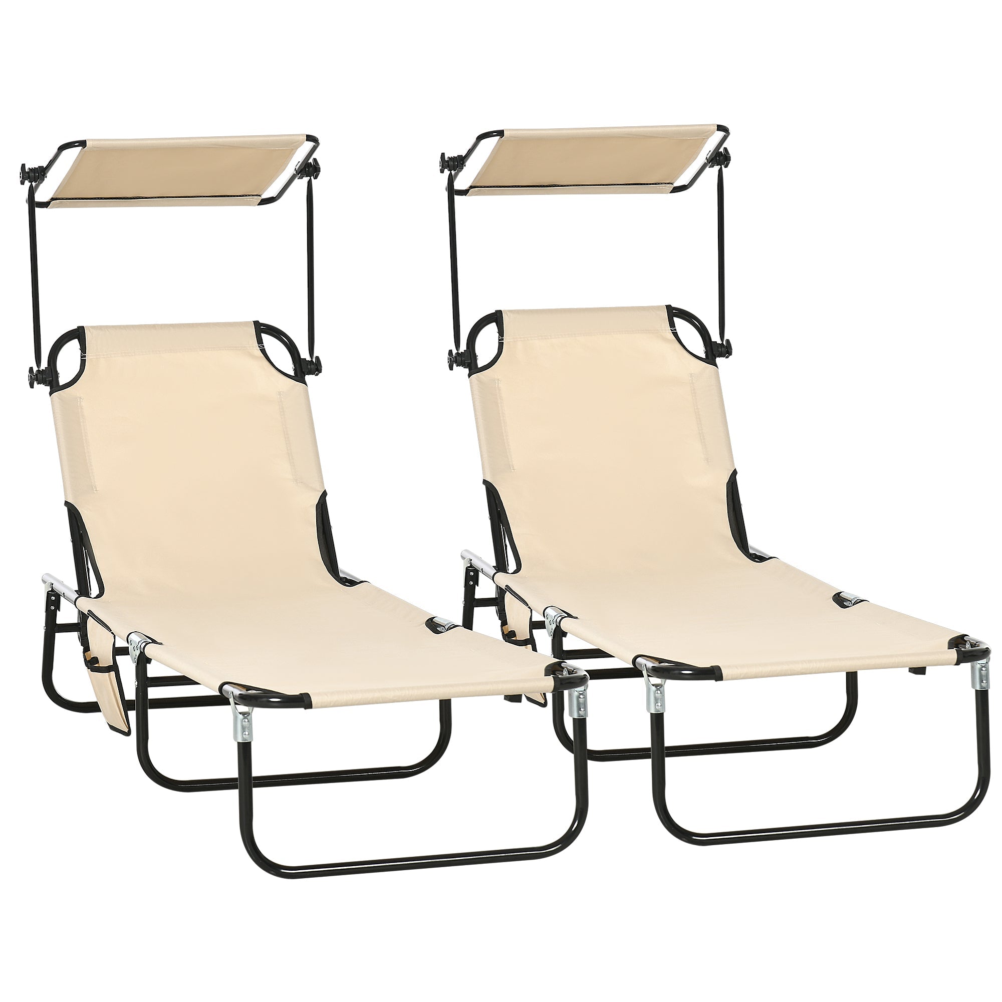 Outsunny Outdoor Chaise Lounge Chairs Set of 2 with Recliner Back and Sunshade for Pool Beach Patio Tan