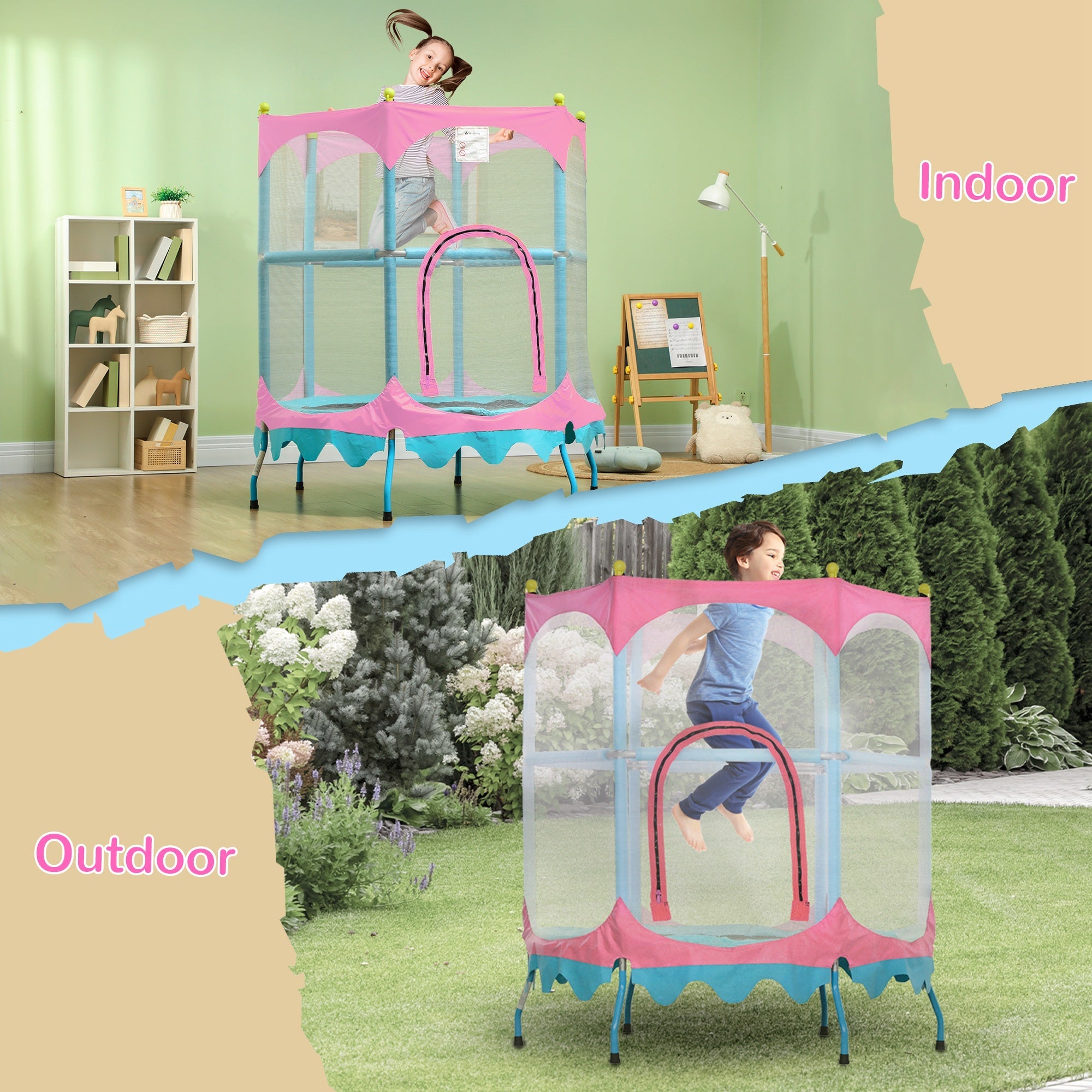 Qaba Trampoline for Kids, 4.6FT Mini Toddler Trampoline Indoor Outdoor with Handlebar, Safety Enclosure Net, Pink