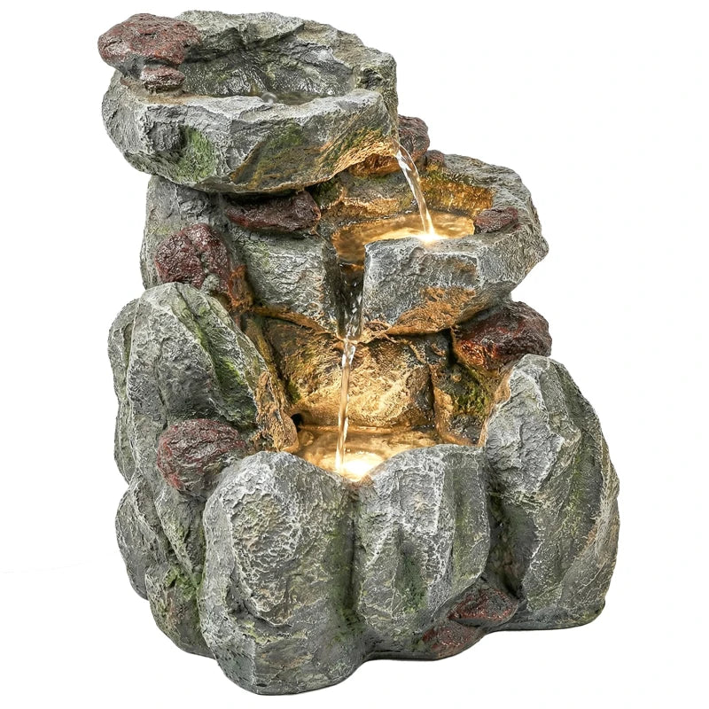 Outdoor Fountain with LED Lights Adjustable Flow Cascading Waterfall 3-Tier Rustic Rock Look Grey