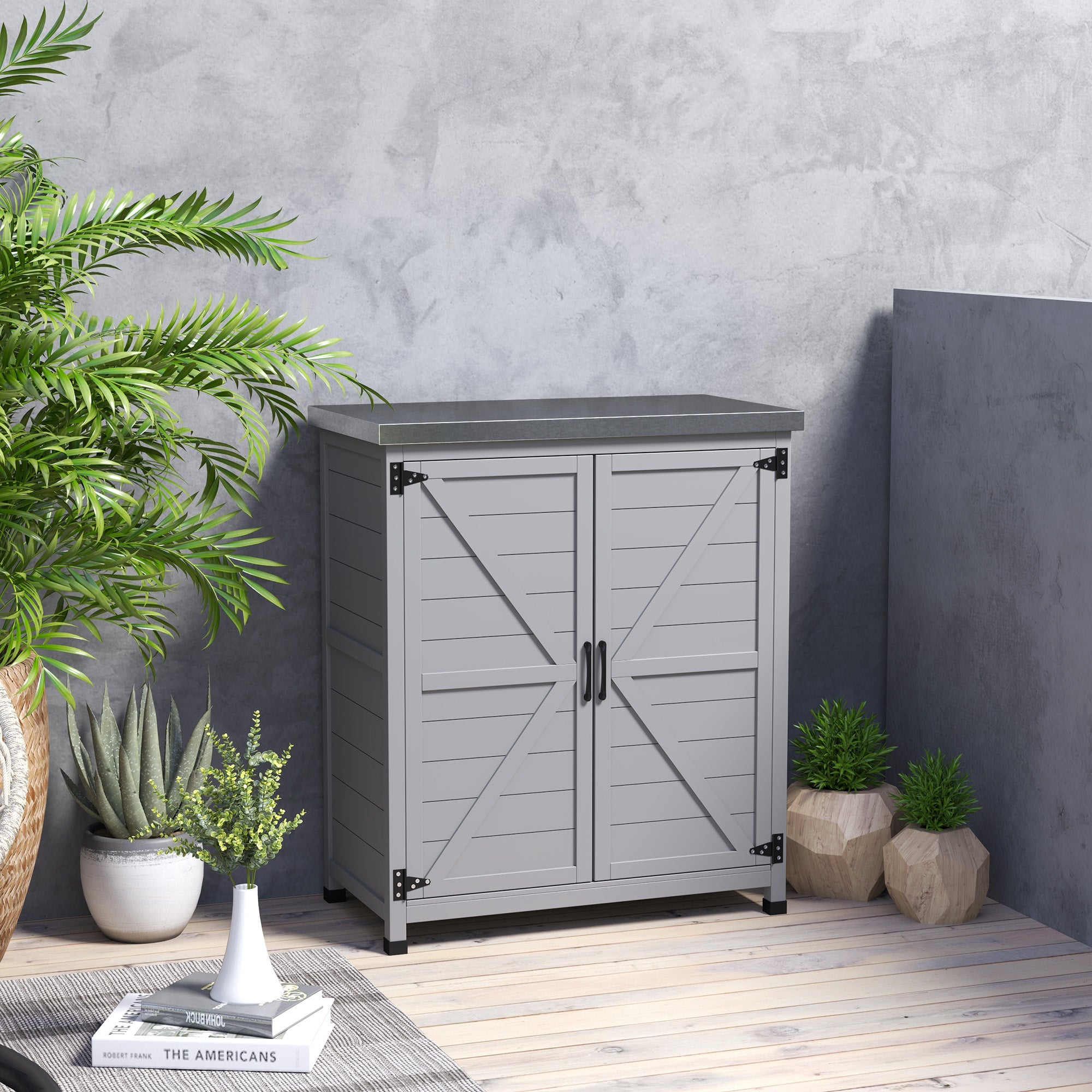 Outsunny Garden Storage Cabinet, Outdoor Potting Bench Table with Metal Tabletop, Shelf and Double Doors, Grey