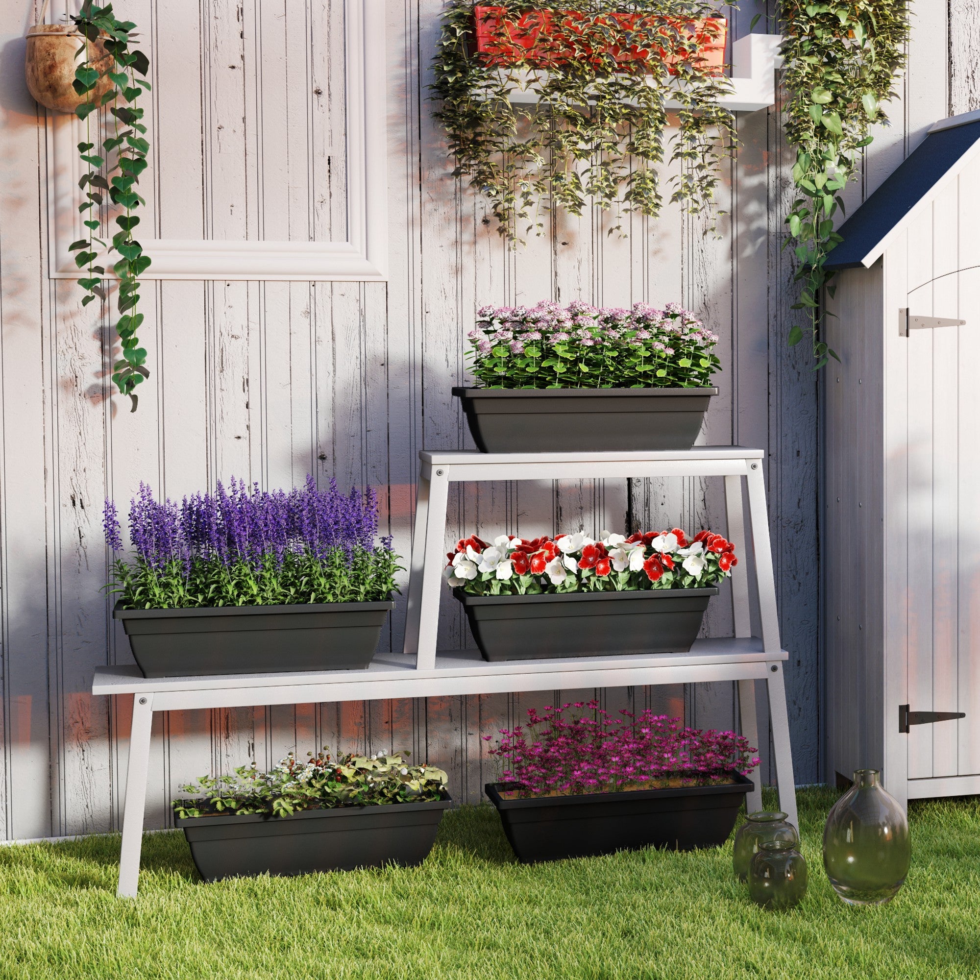 Outsunny Long Rectangular Flower Plant Pots, 5 Pack 23 Inches Window Boxes Planters for Windowsill, Garden, Black