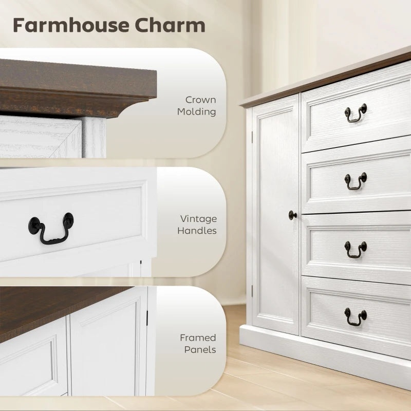 Farmhouse Sideboard with Charging Station, 58" Buffet Cabinet, Kitchen Storage Cabinet with 4 Drawers, 2 Doors, White