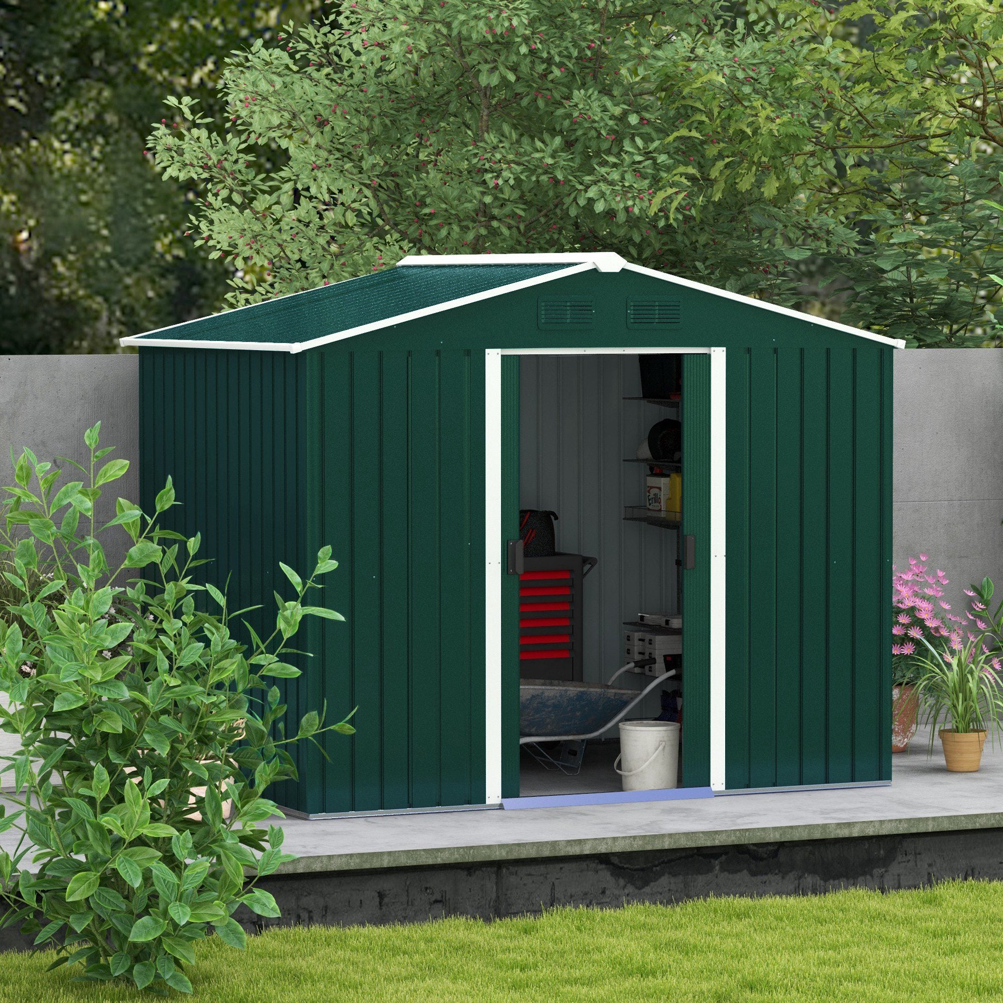 Outsunny 8' x 6' Outdoor Storage Shed, Metal Garden Tool Storage House with Lockable Sliding Doors and Vents for Patio Lawn, Green