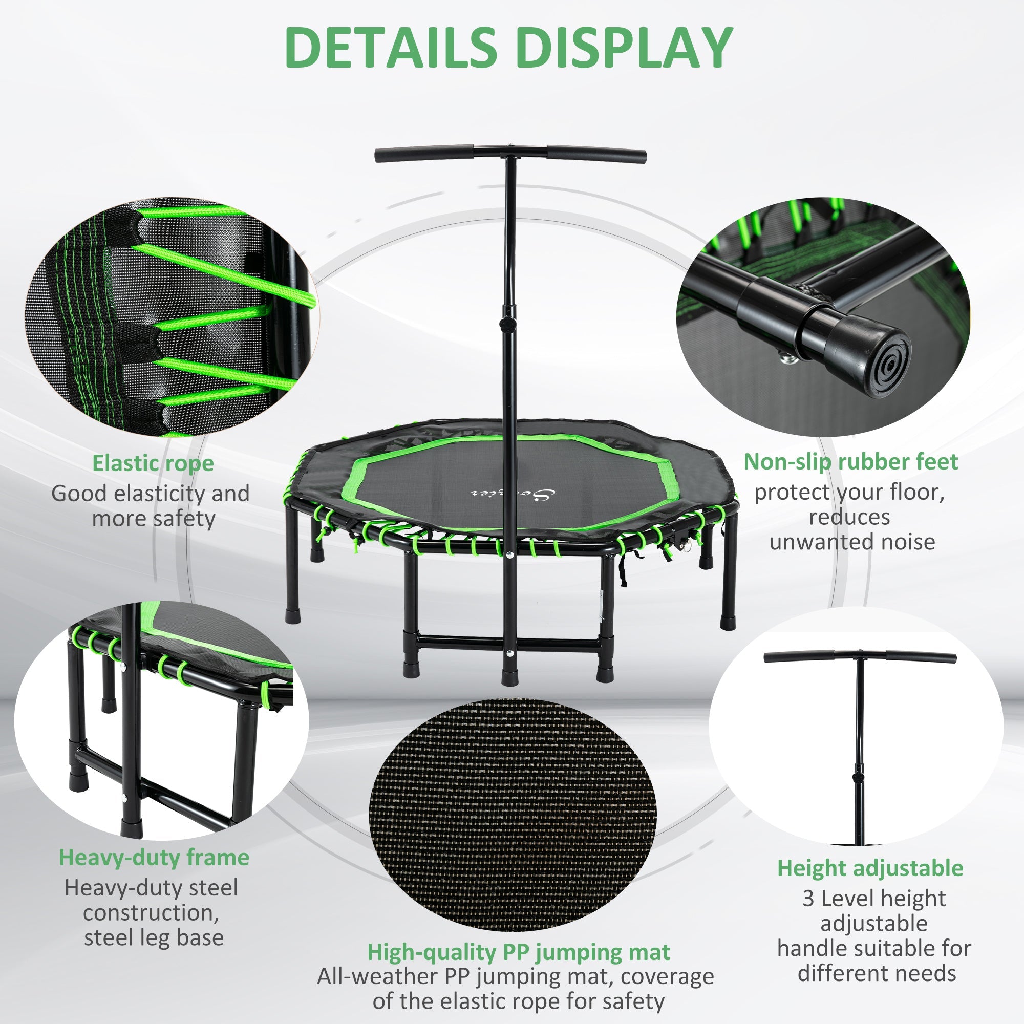 Soozier Foldable Mini Trampoline with Adjustable Handle Bar 48" for Adult Fitness Workout Green