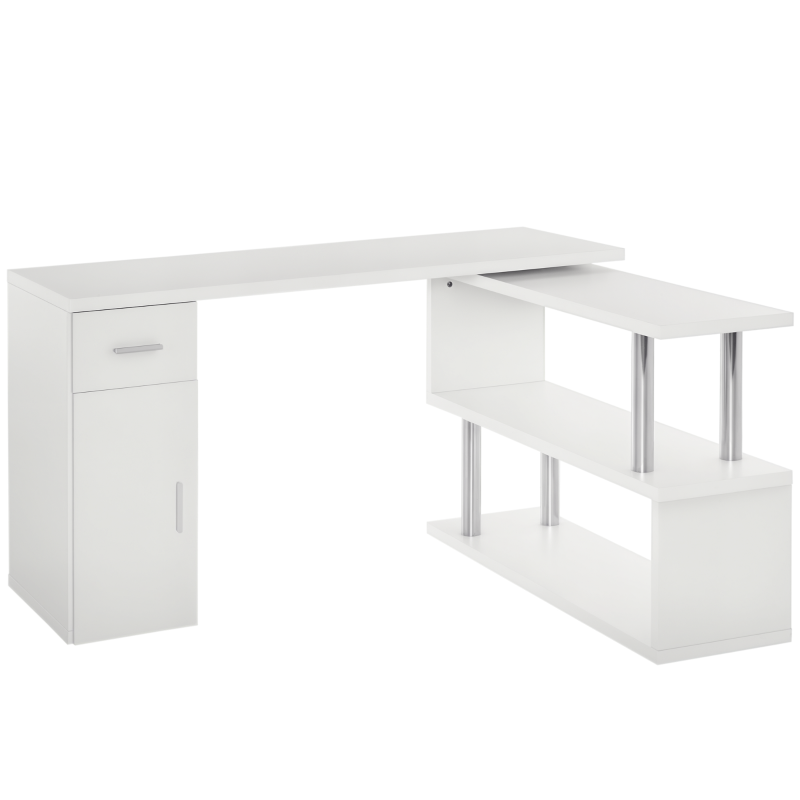 L-Shaped Rotating Computer Desk Home Office Study Workstation with Storage Shelves, Cabinet and Drawer for Home & Office, White