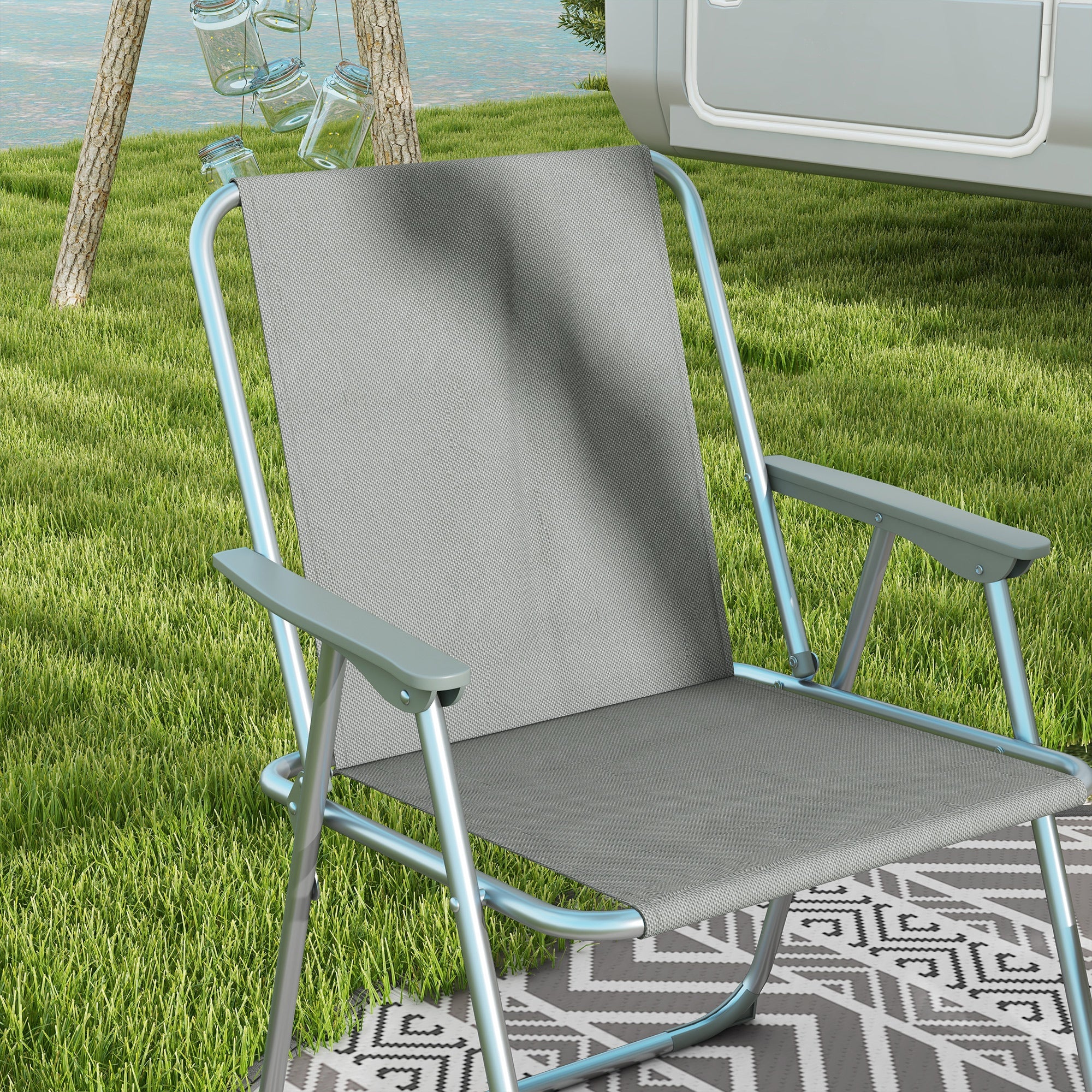 Outsunny 2 Pack Outdoor Folding Chair Set, Portable Camping Chairs with Armrest, Oxford Fabric Seat, Outdoor Chairs, Grey