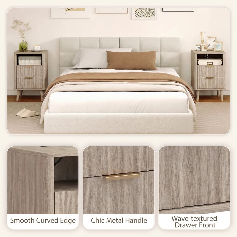 Nightstands Set of 2, Modern Bedside Tables with Charging Station, 2 Drawers and Open Shelf, Grey