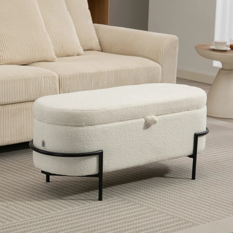 Storage Ottoman with Lift-Up Lid and Steel Legs, 45 Inches Sherpa Fleece Storage Chest for Living Room, Cream White
