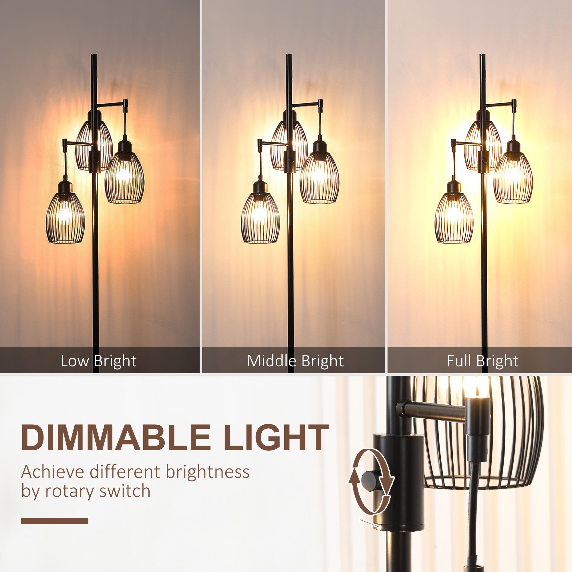 HOMCOM Industrial Floor Lamp 3 Hanging Shades Dimmable for Living Room Bedroom Black