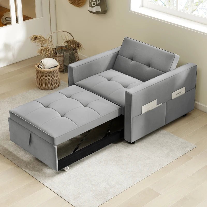 Convertible Chair Bed, Pull Out Sleeper Chair with USB, Adjustable Backrest, Small Velvet Futon Sofa Bed, Grey