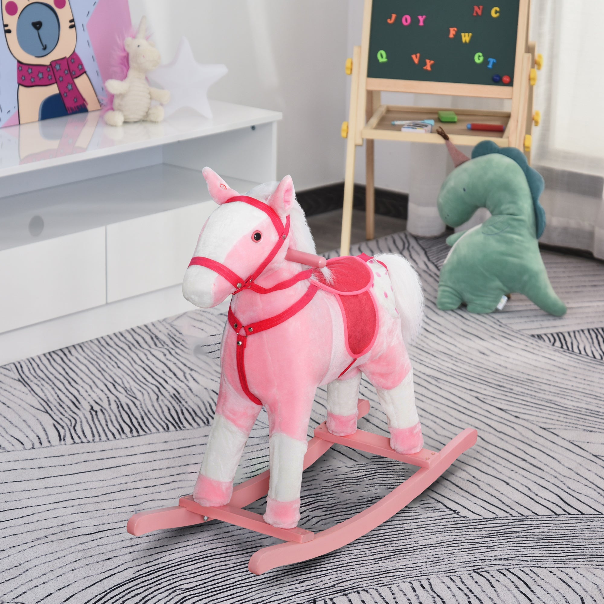 Qaba Rocking Plush Horse Poney Pony Children Kid Ride on Toy w/ Realistic Sound (Light Pink)