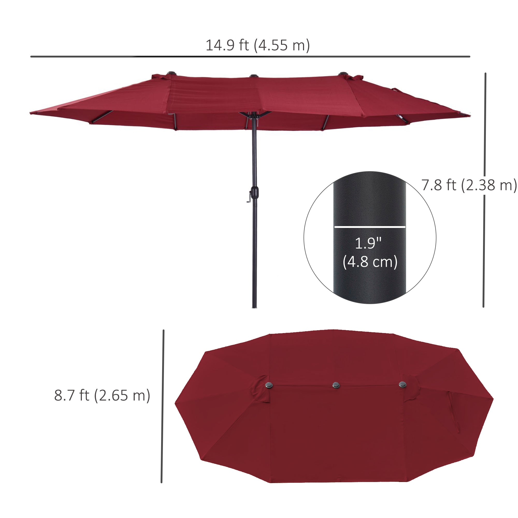 Outsunny 15' Double Canopy Patio Umbrella Sunshade Steel w Lift Crank Wine Red