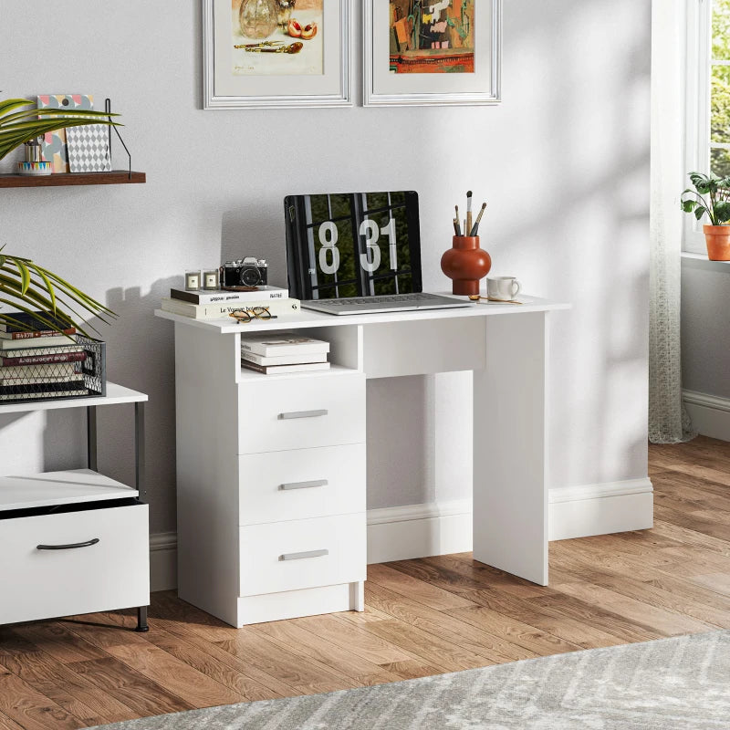 Computer Desk with Storage, 39" Home Office Desk with 3 Drawers nad Open Shelf, Writing Table for Bedroom, White