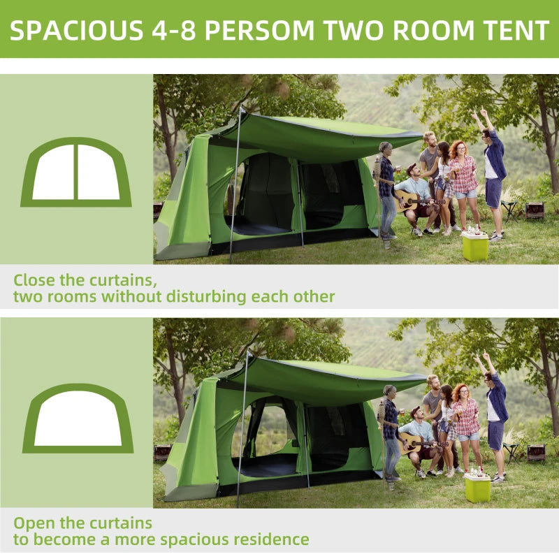 Tunnel Tent Camping Shelter w/ Porch, Two Rooms, Lamp Hook, Portable Carry Bag, Green
