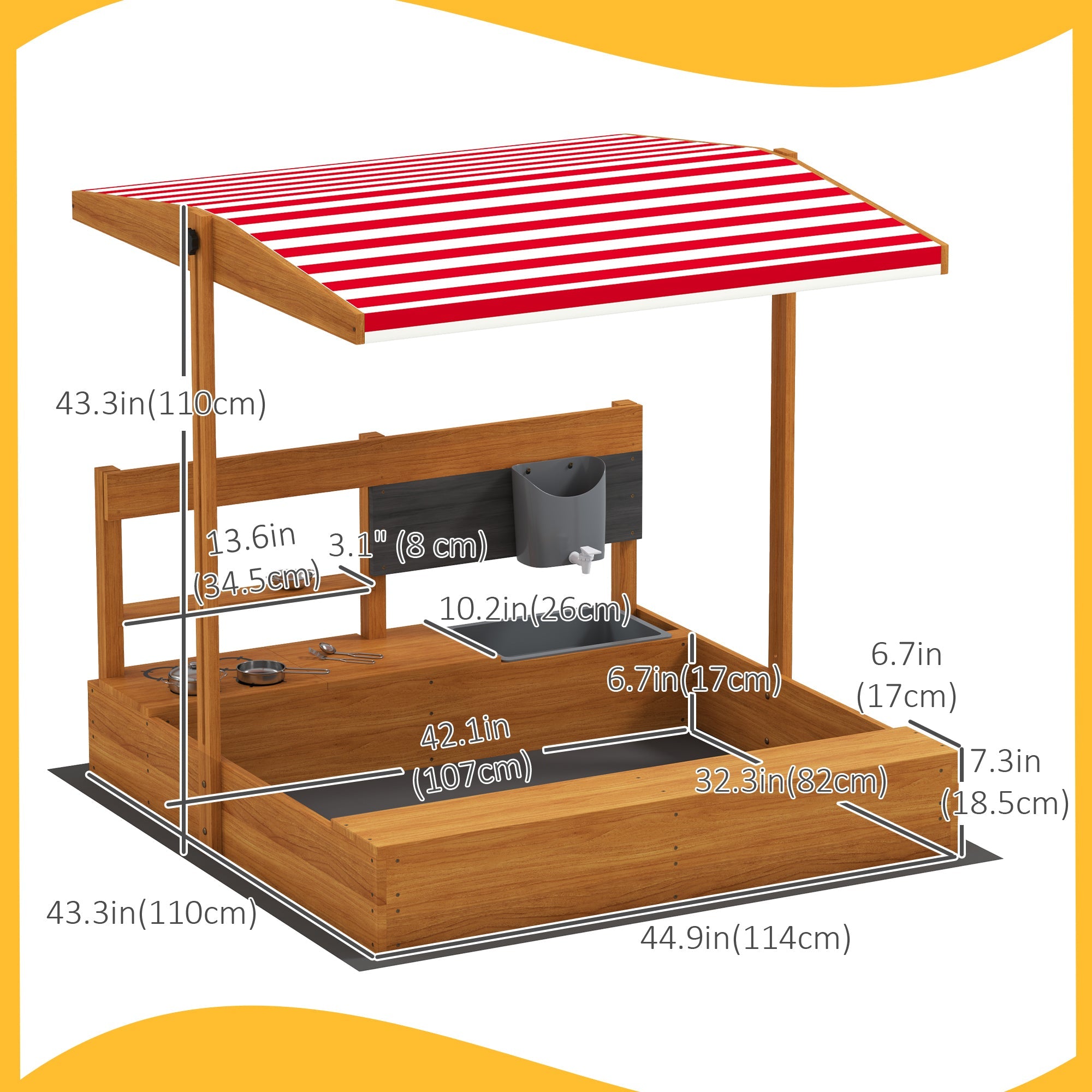 Outsunny Kids Sandbox with Cover Kitchen Playset Toys, Wooden Sand Box with Seat, Storage, for 3-7 Years Old, Red