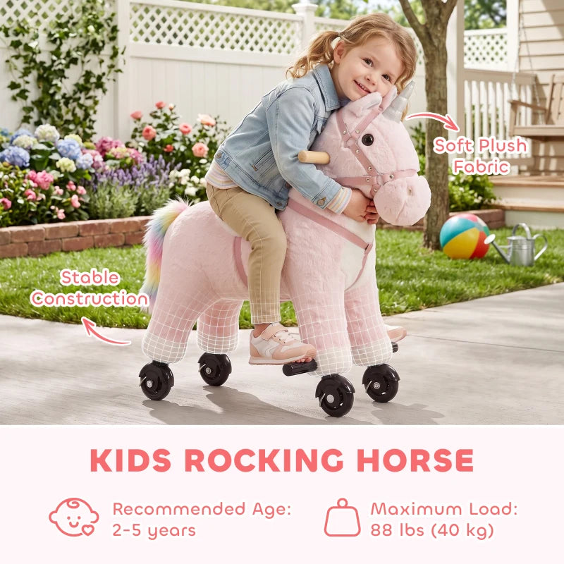 Pink Unicorn Ride-On Toy with Wheels, Sounds & Plush Design for Kids Ages 2–5