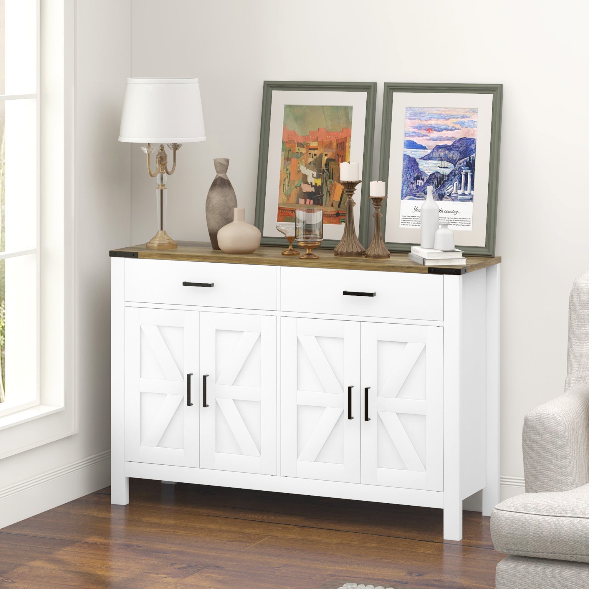 HOMCOM Farmhouse Buffet Cabinet Sideboard with 2 Drawers, 2 Storage Cabinets and Adjustable Shelves, White