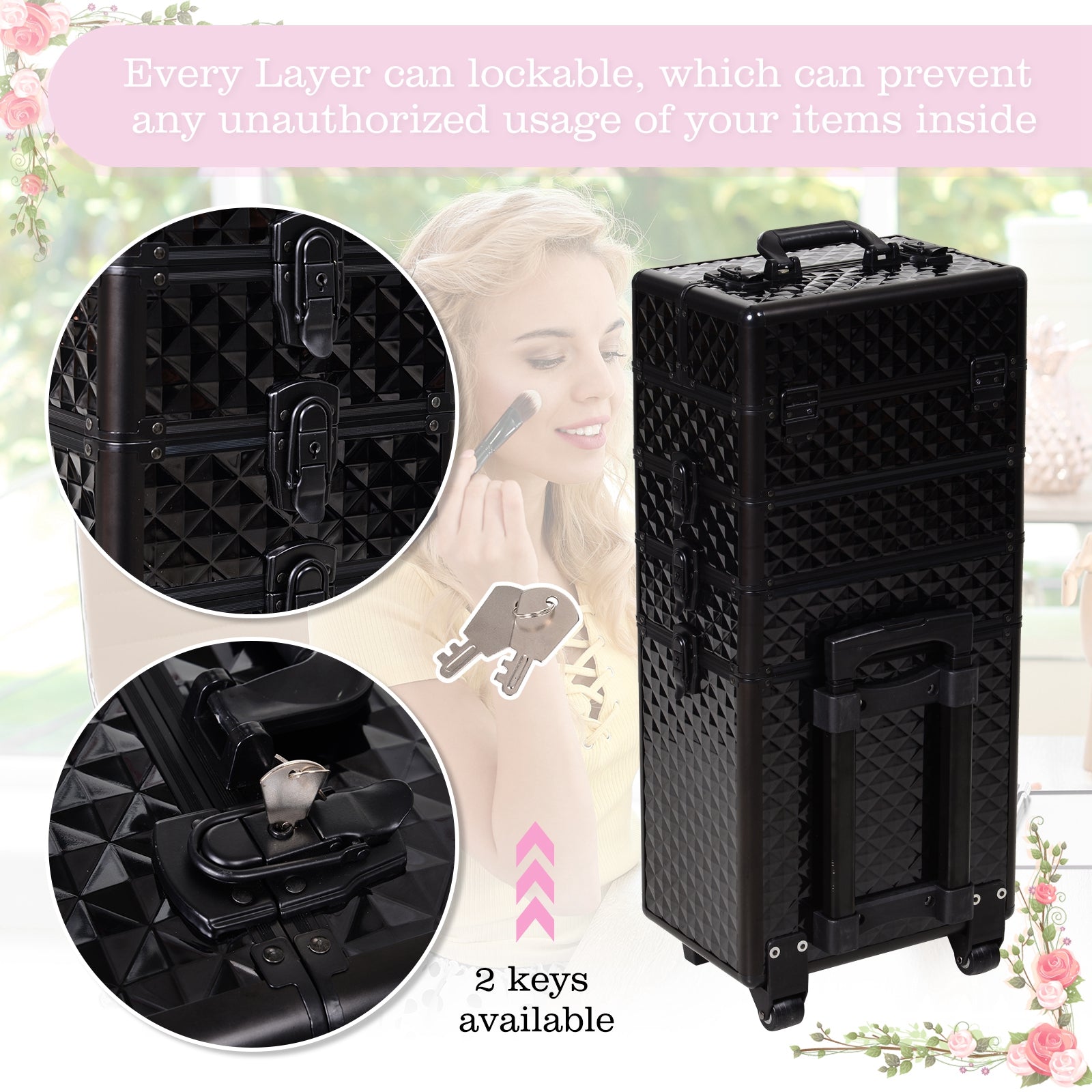 HOMCOM 4 in 1 Makeup Train Case Portable Aluminum Rolling Cosmetic Organizer Trolley with Wheels Multiple Compartments Black