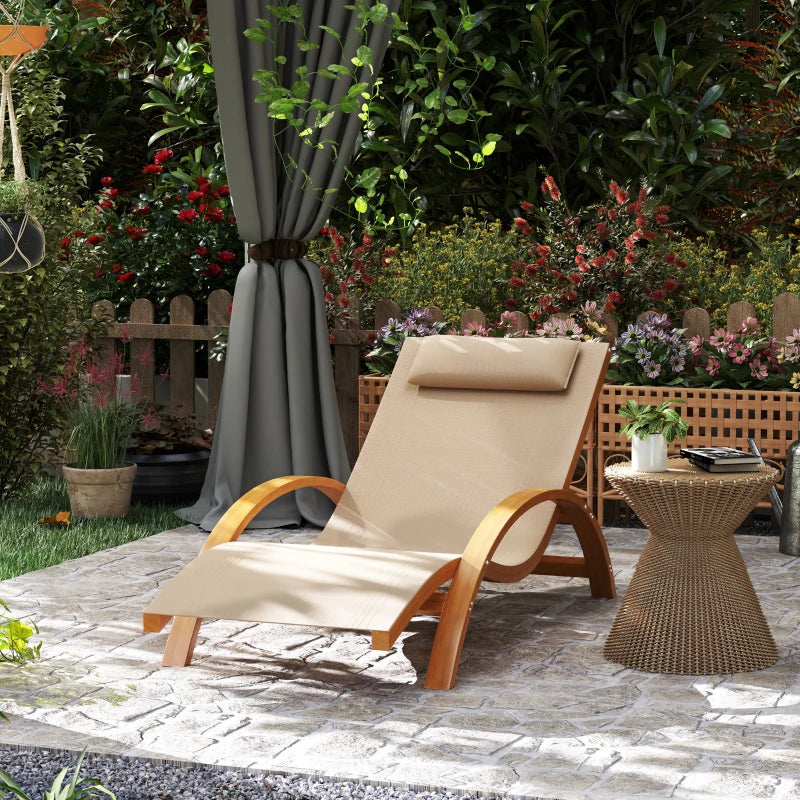Outdoor Wood Chaise Lounge Chair Recliner Patio Camping with Headrest, Teak & Light Khaki