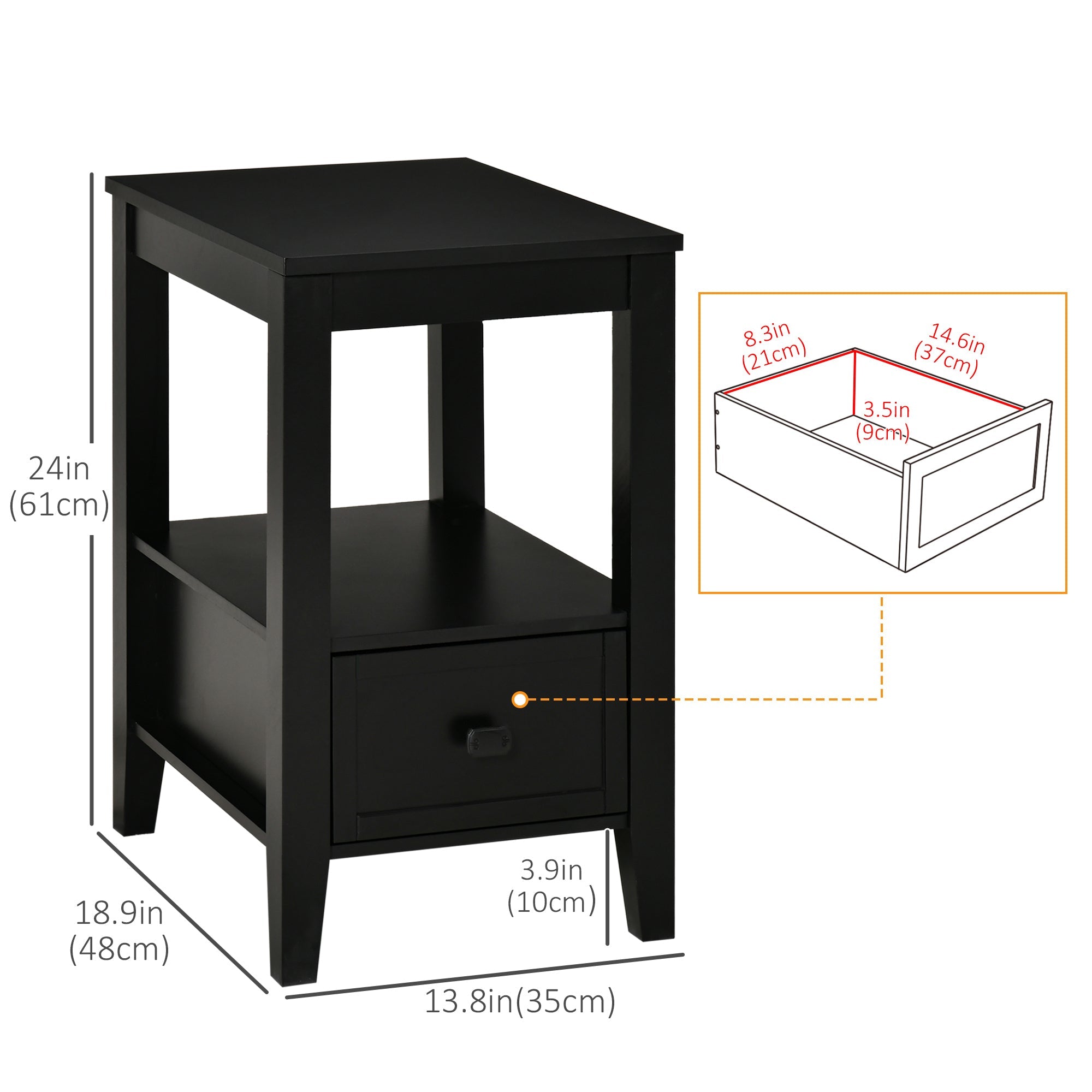 HOMCOM Black Modern End Table with Drawer Shelf Sofa Side Table Nightstand Bedroom Living Room
