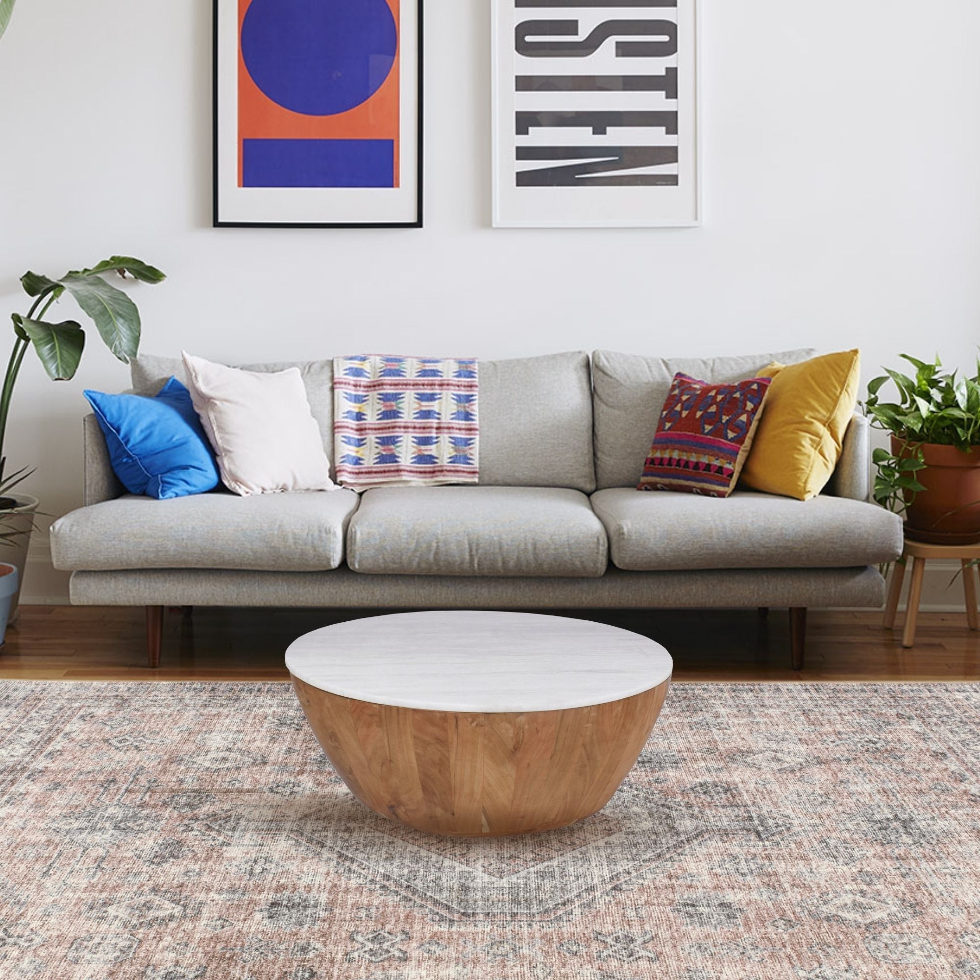 Cecile Mango Wood Drum Coffee Table With Marble Top