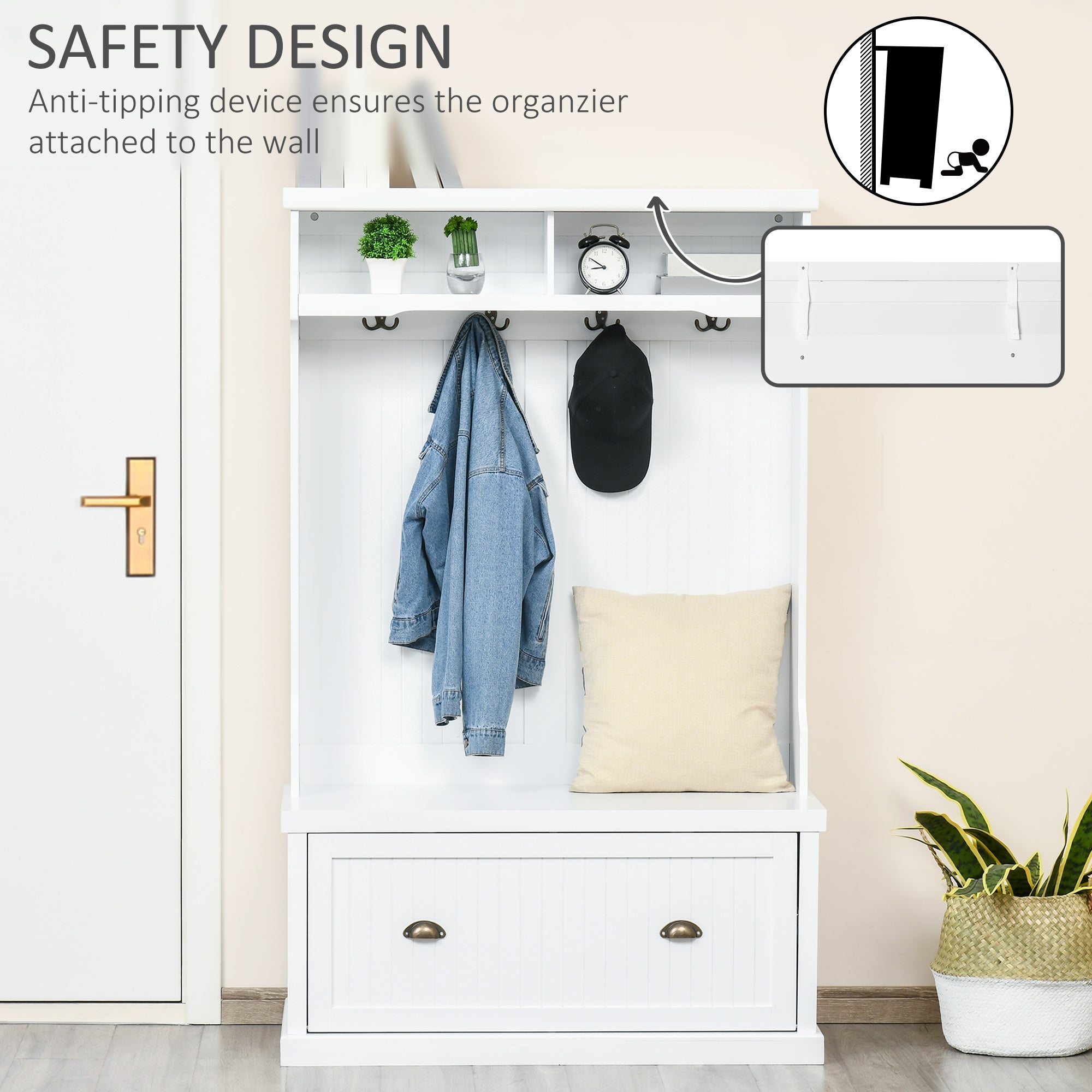 HOMCOM 3-in-1 Entryway Elegance: Modern Hall Tree Coat Rack with Shoe Storage Bench and Hooks for Bedroom, White Finish