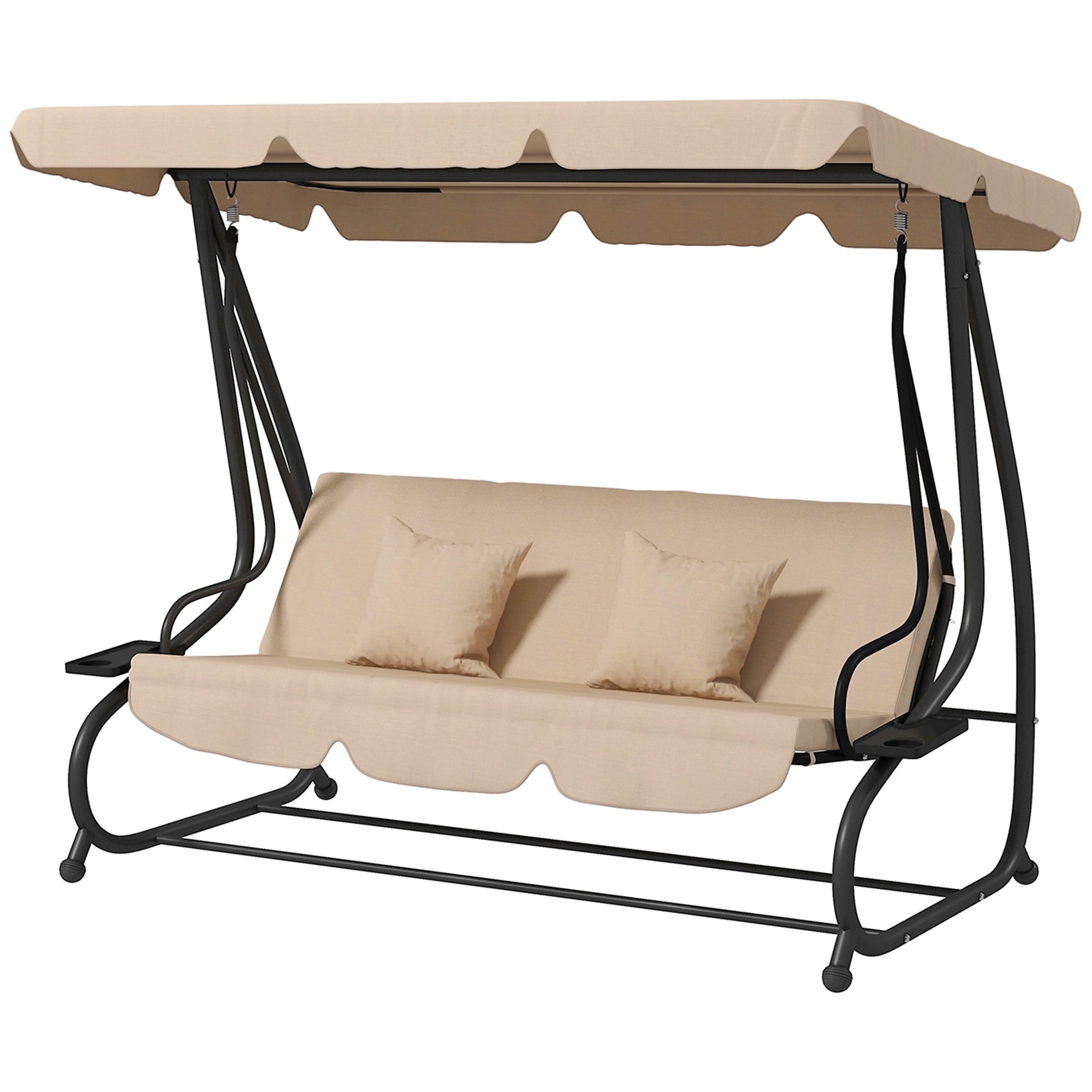 Outsunny 3-Seat Outdoor Patio Swing Chair, Converting Flat Bed, Canopy Swing with Adjustable Shade, Removable Cushions, Cup Holder, Light Brown