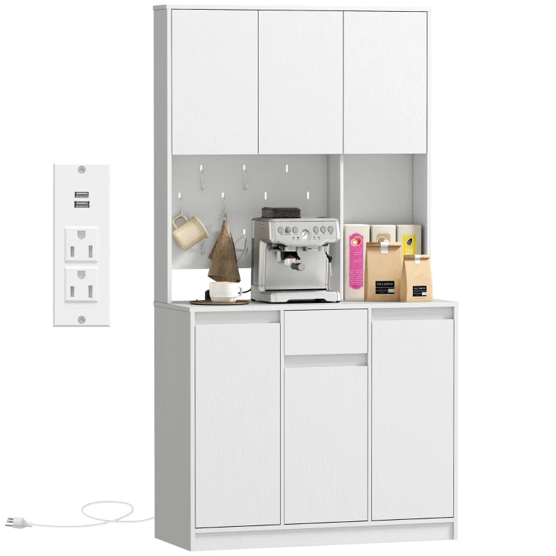 71" Pantry Cabinet with Charging Station, Kitchen Storage Cabinet with Microwave Stand, Pegboard, 6 S-hooks, White